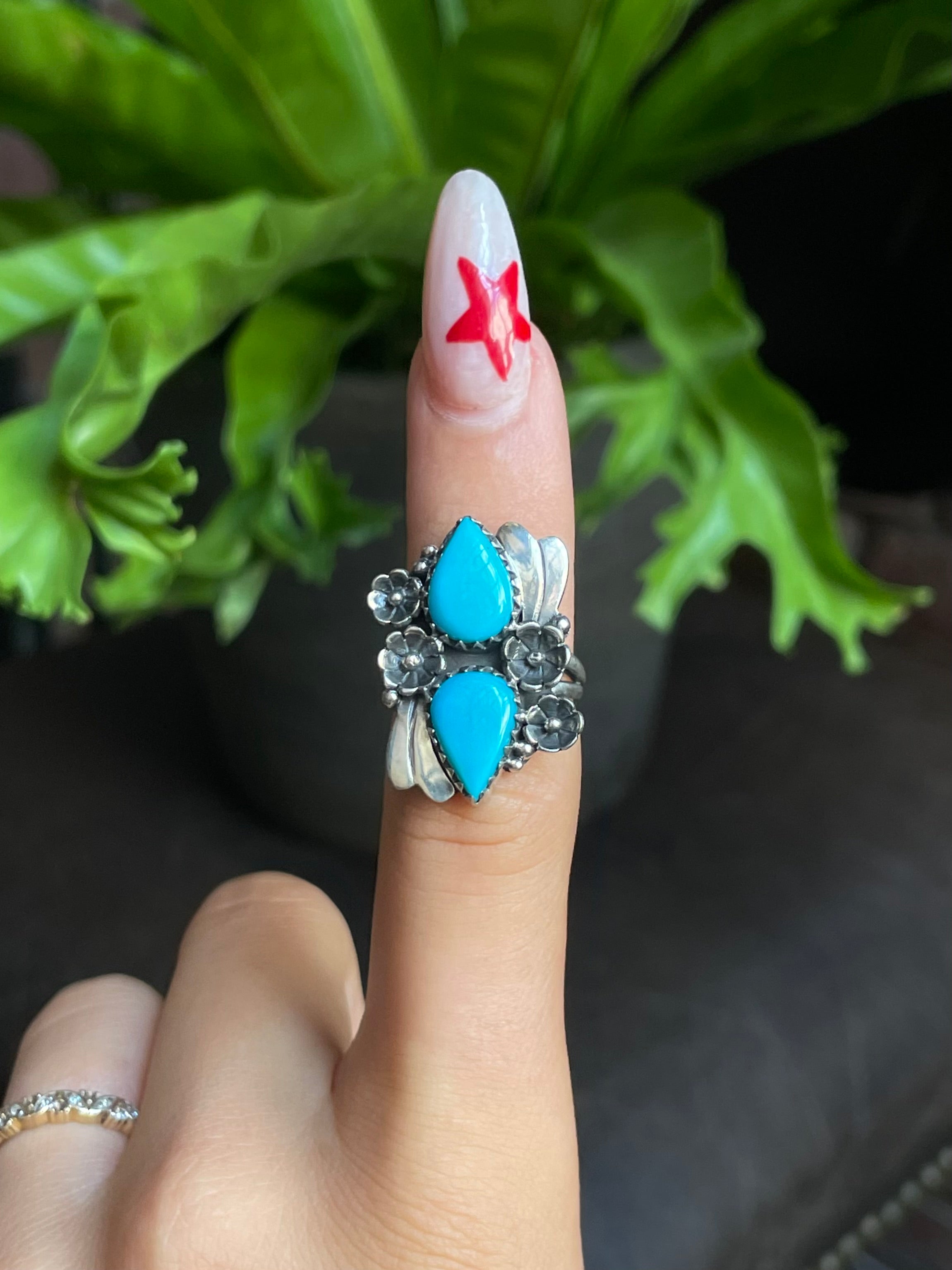 Kingman Turquoise Floral Ring Size 6 | 925 Sterling Silver G579