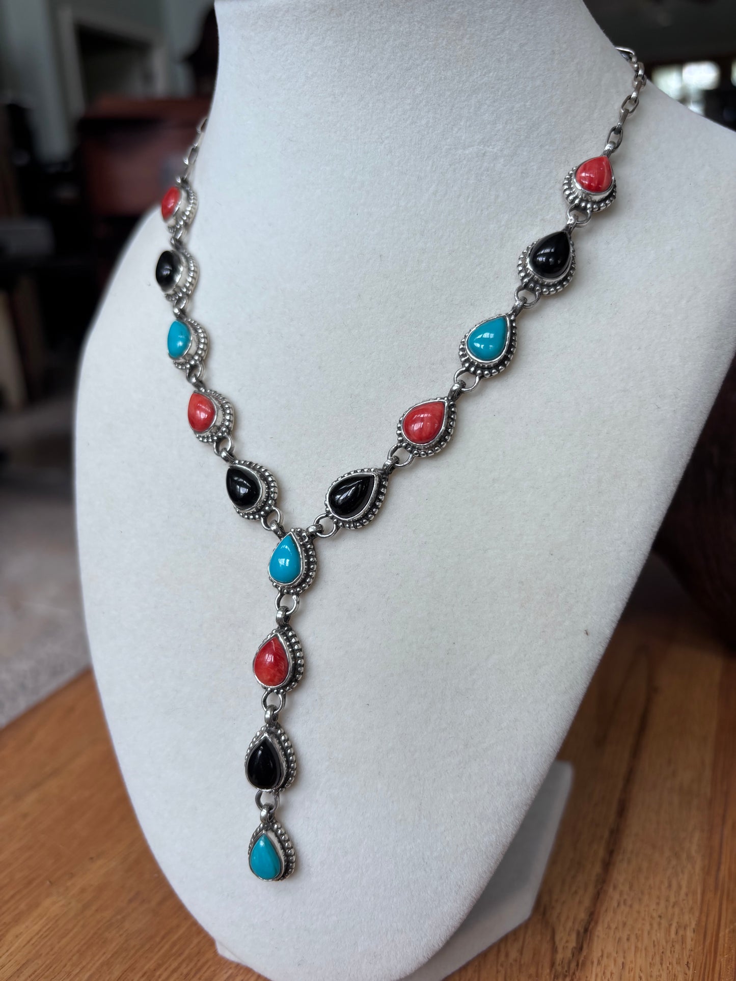 Turquoise Onyx Coral Drop Necklace | 925 Sterling Silver A108