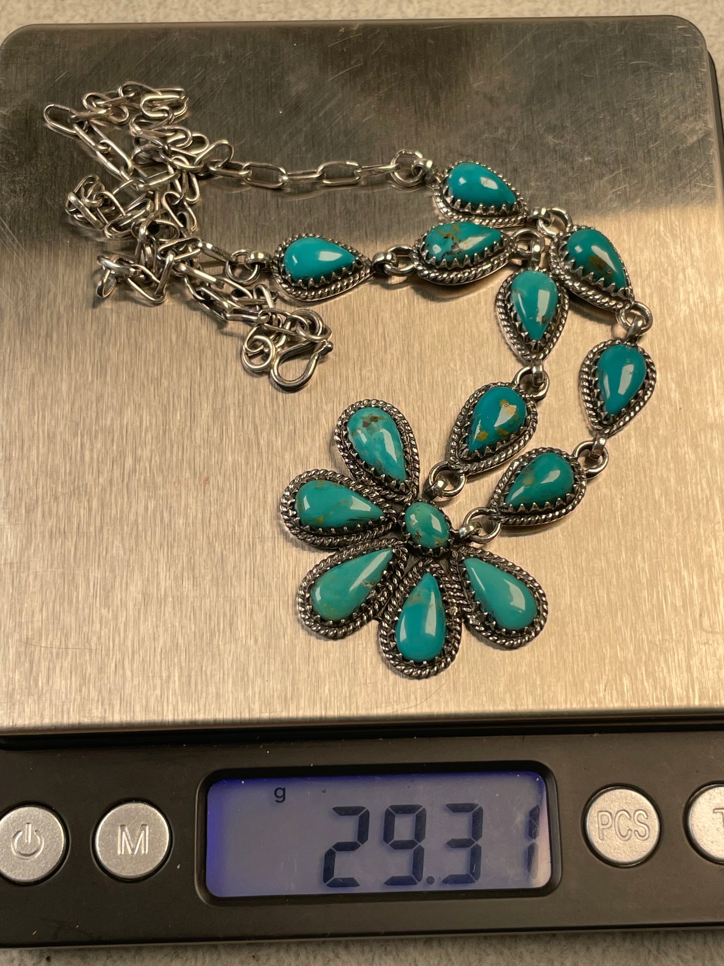 Kingman Turquoise Flower Lariat Necklace | Sterling Silver D135