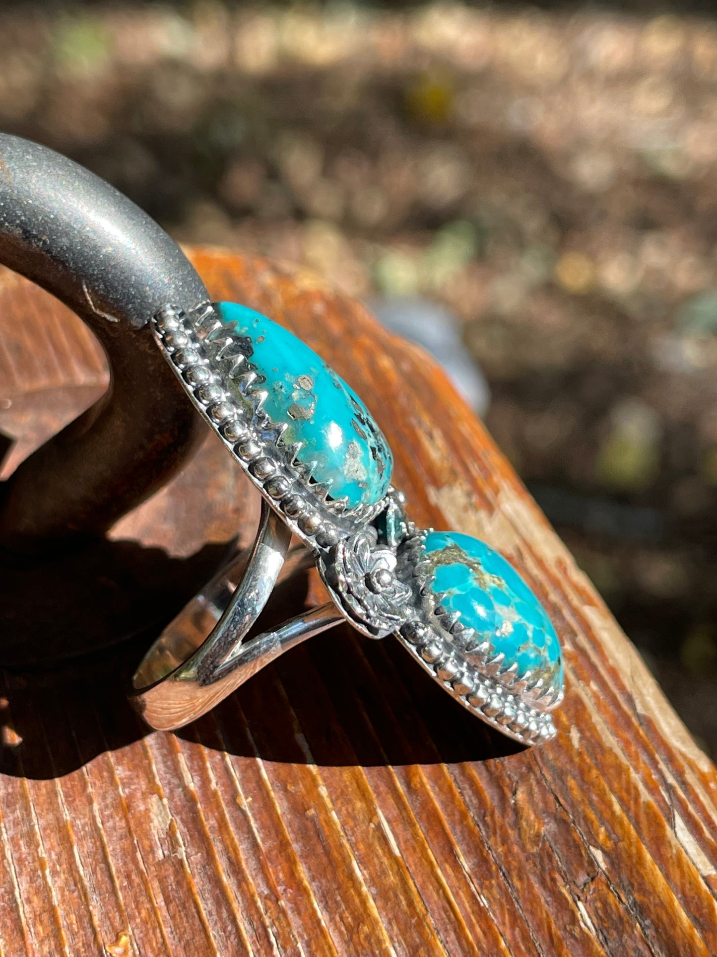 Turquoise Double Stone Floral Design Ring | Sterling Silver 925 | Size 7 B392