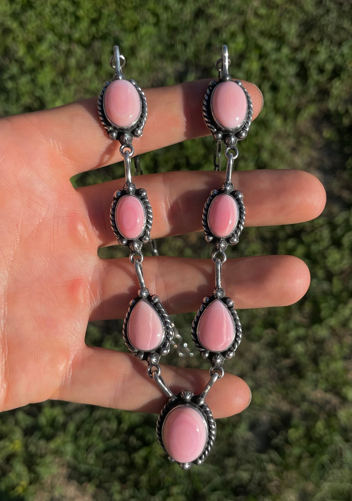 Pink Conch Lariat Necklace | Teardrop Station Drop | 925 Silver E565