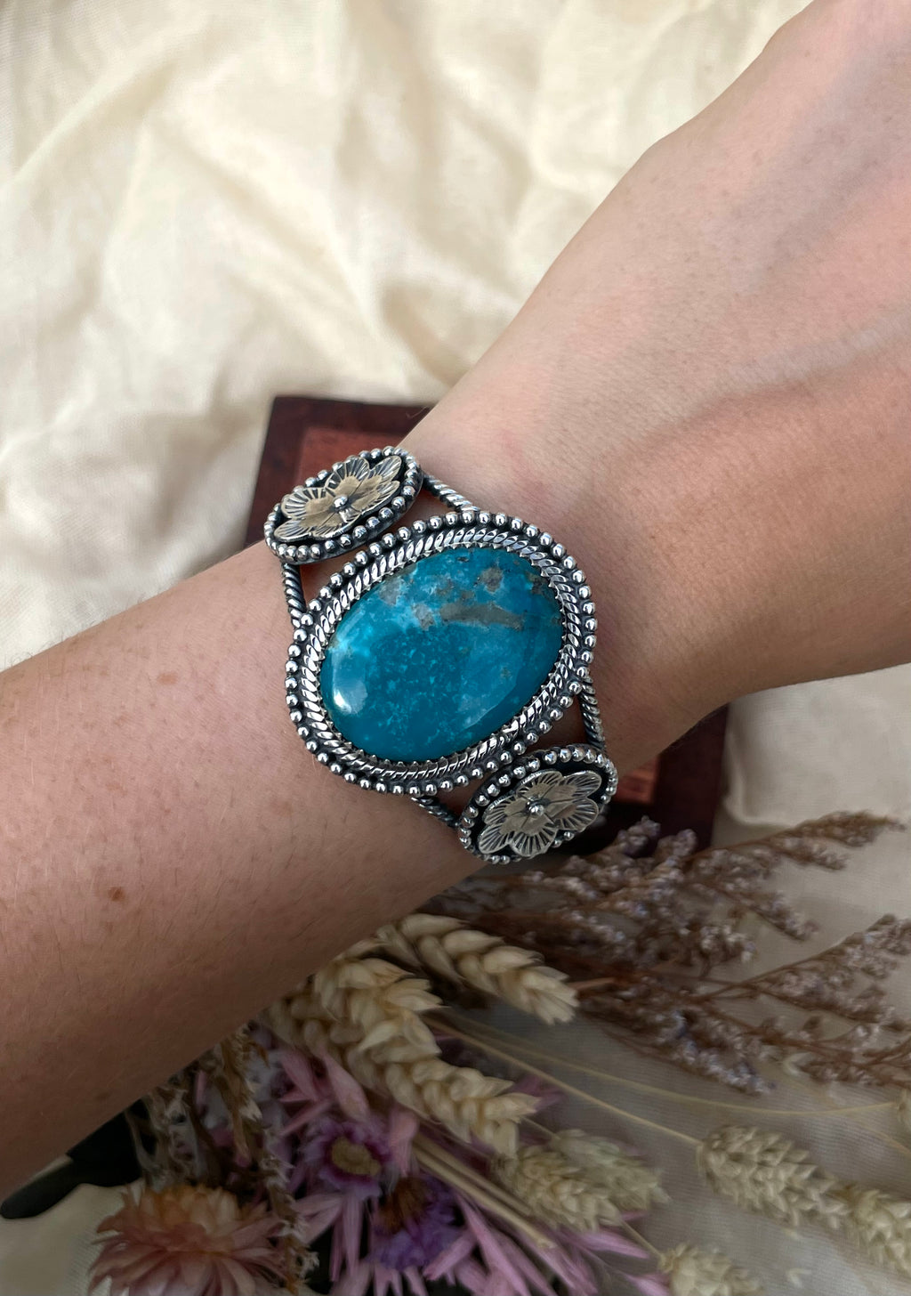 Turquoise Floral Cuff Bracelet | 925 Sterling Silver D273