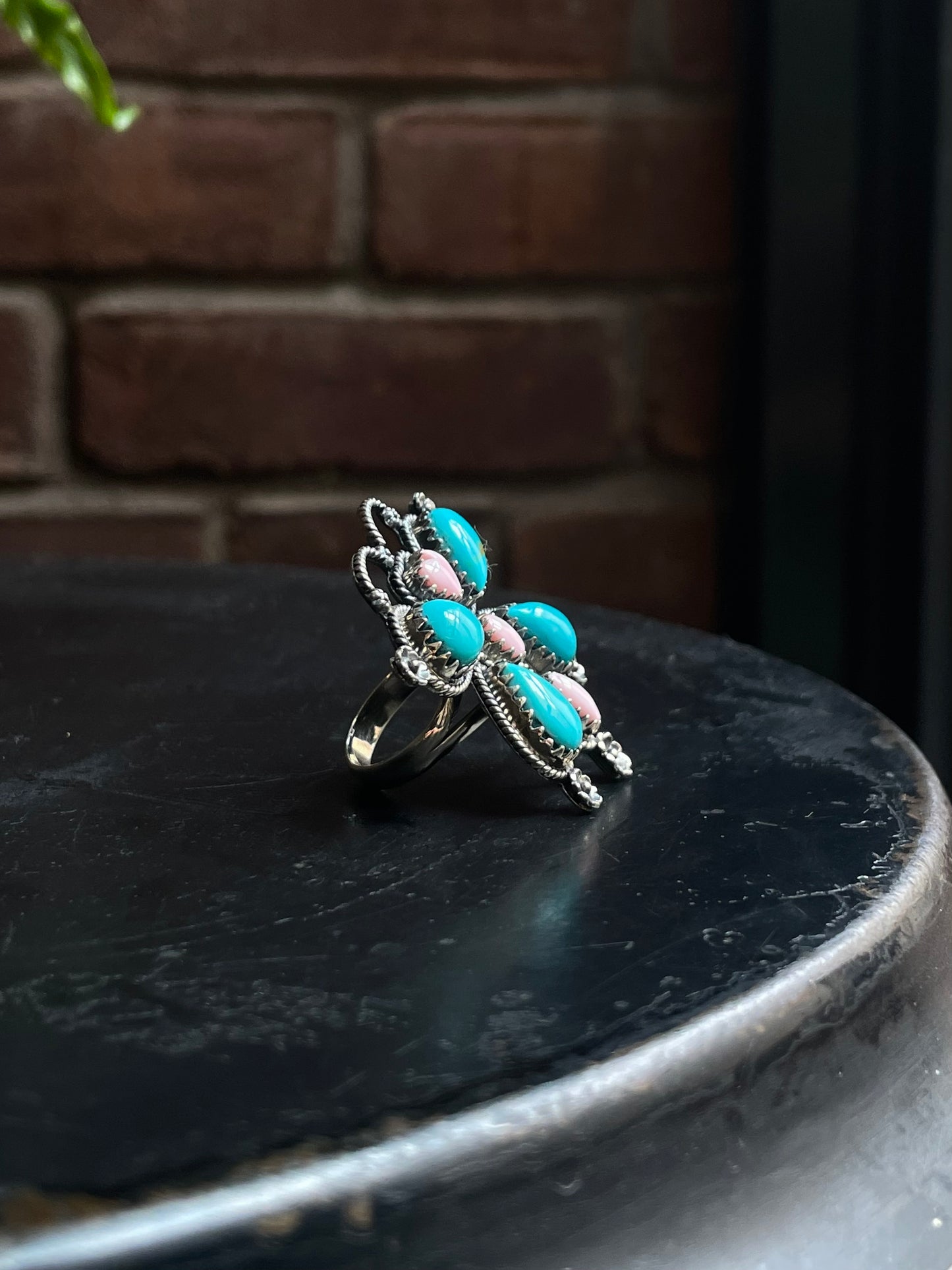 Turquoise & Pink Conch Butterfly Ring | 925 Sterling Silver | Size 6.75 E295
