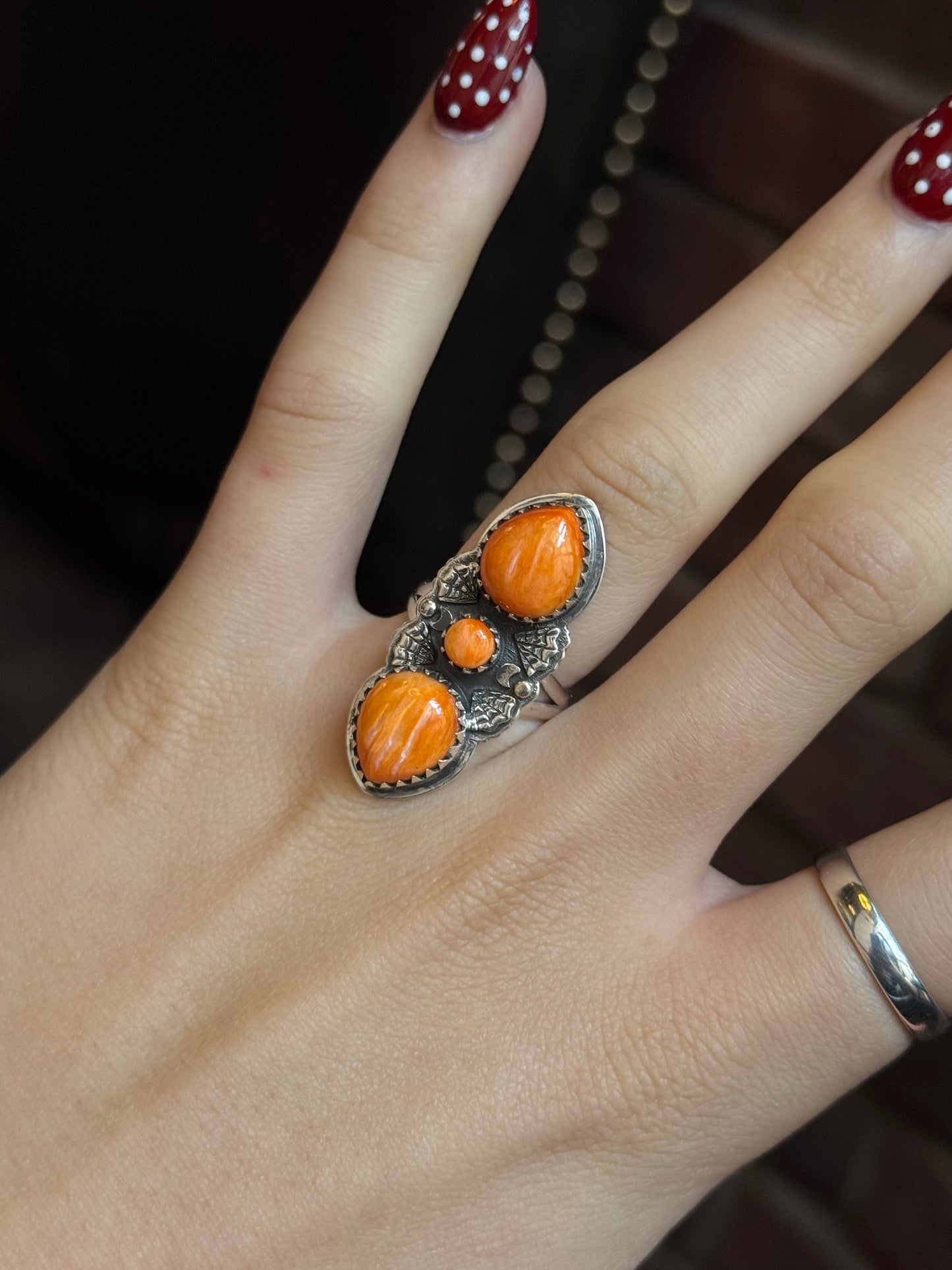 Spiny Oyster Triple Stone Ring | 925 Sterling Silver | Size 7 C326