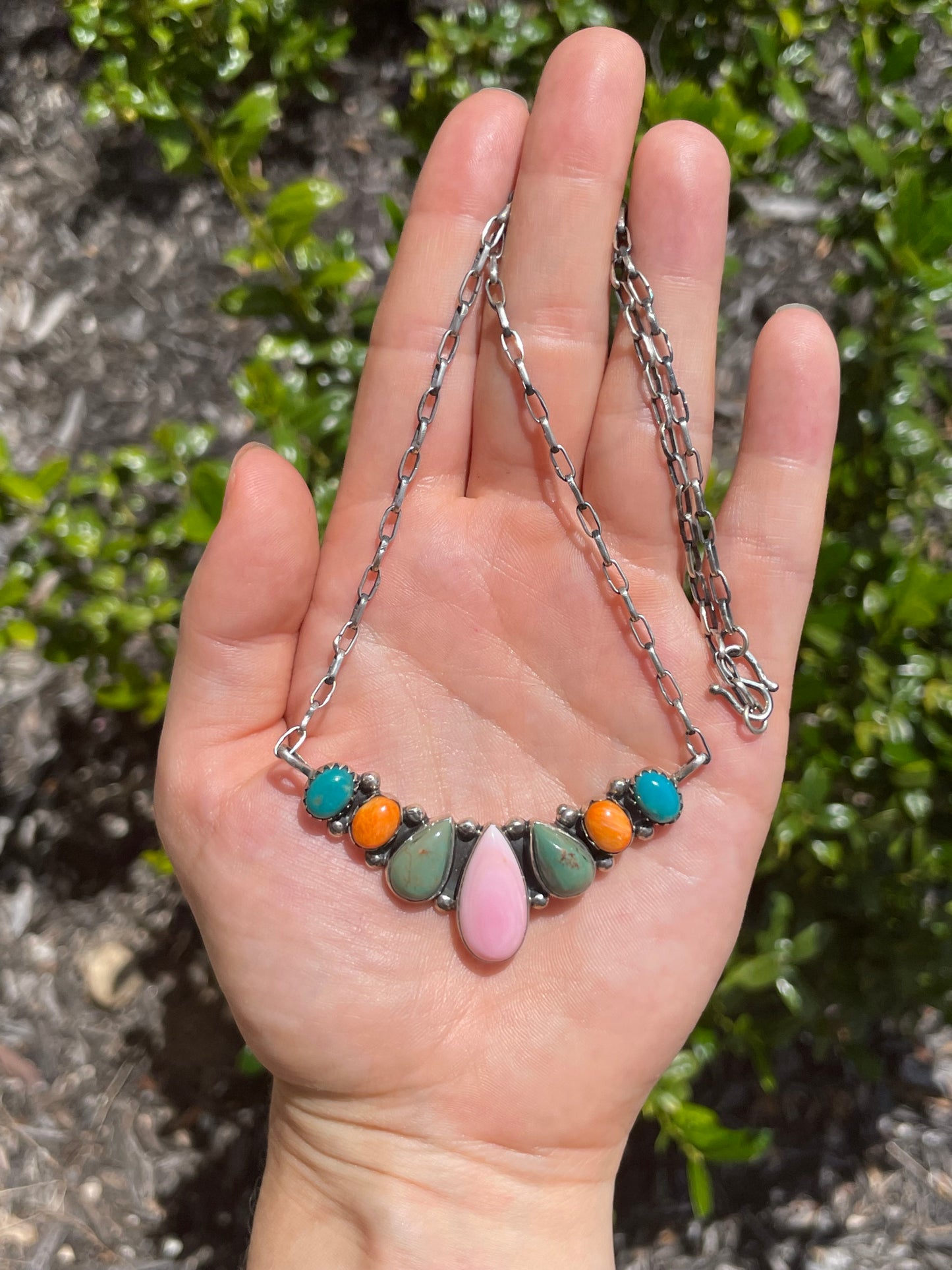 Pink Conch, Spiny Oyster & Turquoise Necklace | 925 Sterling Silver D165