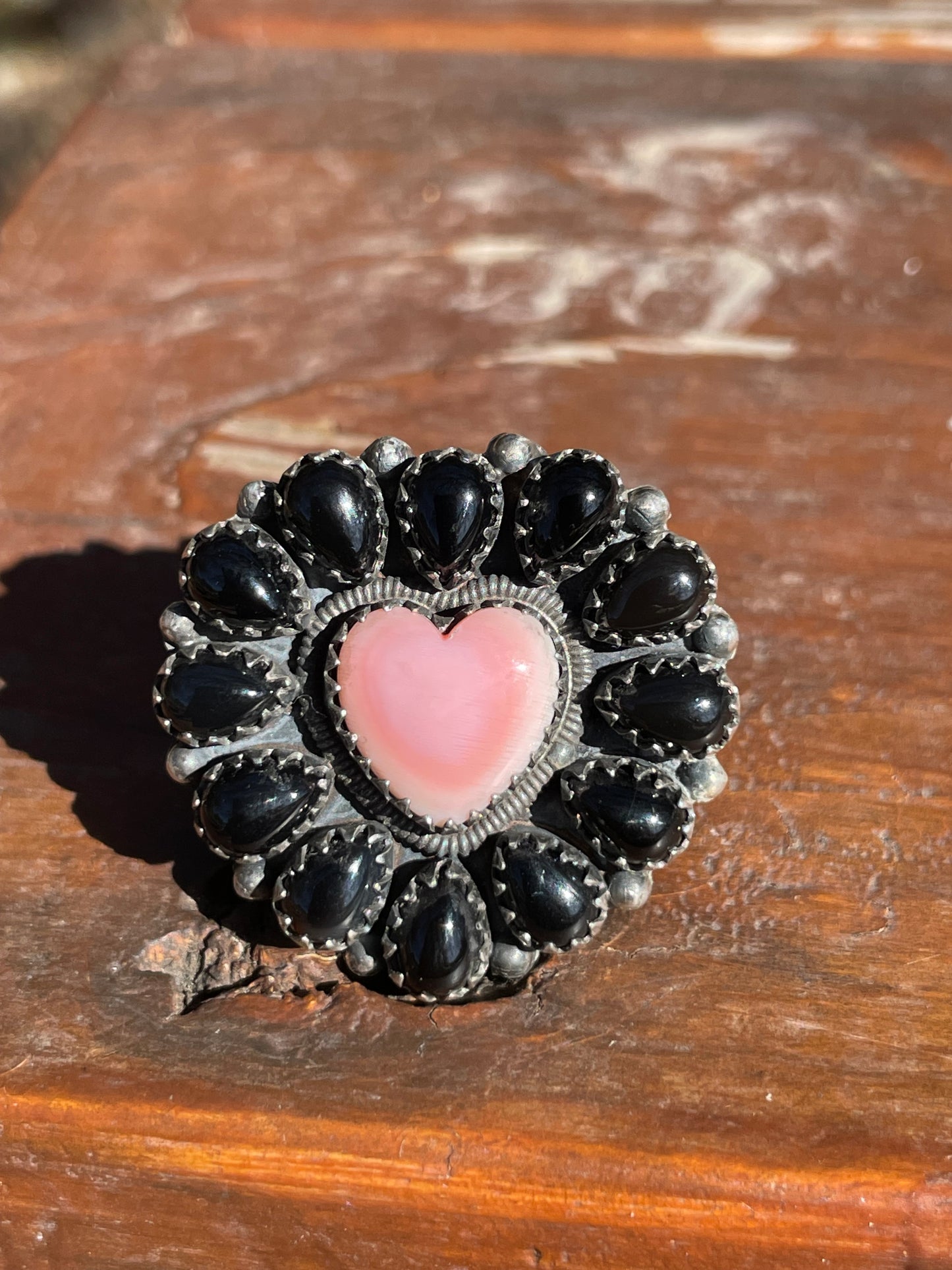 Pink Conch Heart Black Onyx Cluster Ring Size 7 | 925 Sterling Silver B997