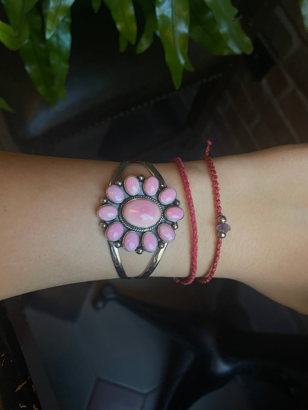 Pink Conch Cluster Cuff Bracelet | 925 Sterling Silver C898