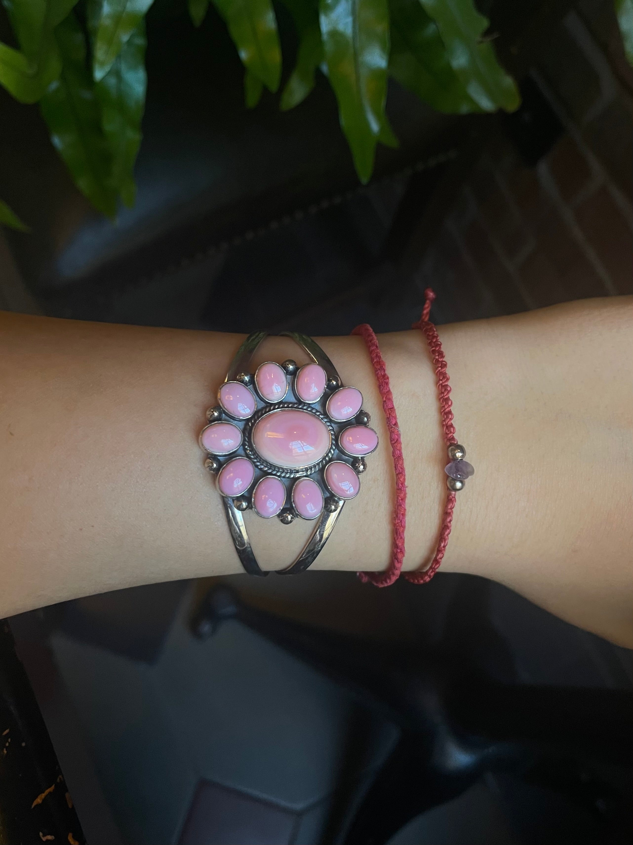 Pink Conch Cluster Cuff Bracelet | 925 Sterling Silver C898