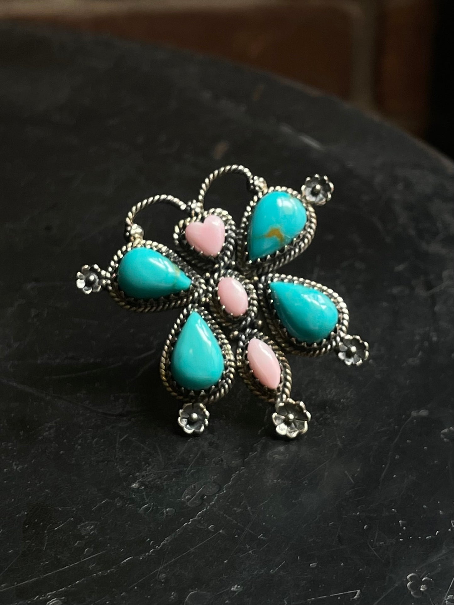 Turquoise & Pink Conch Butterfly Ring | 925 Sterling Silver | Size 6.75 E295