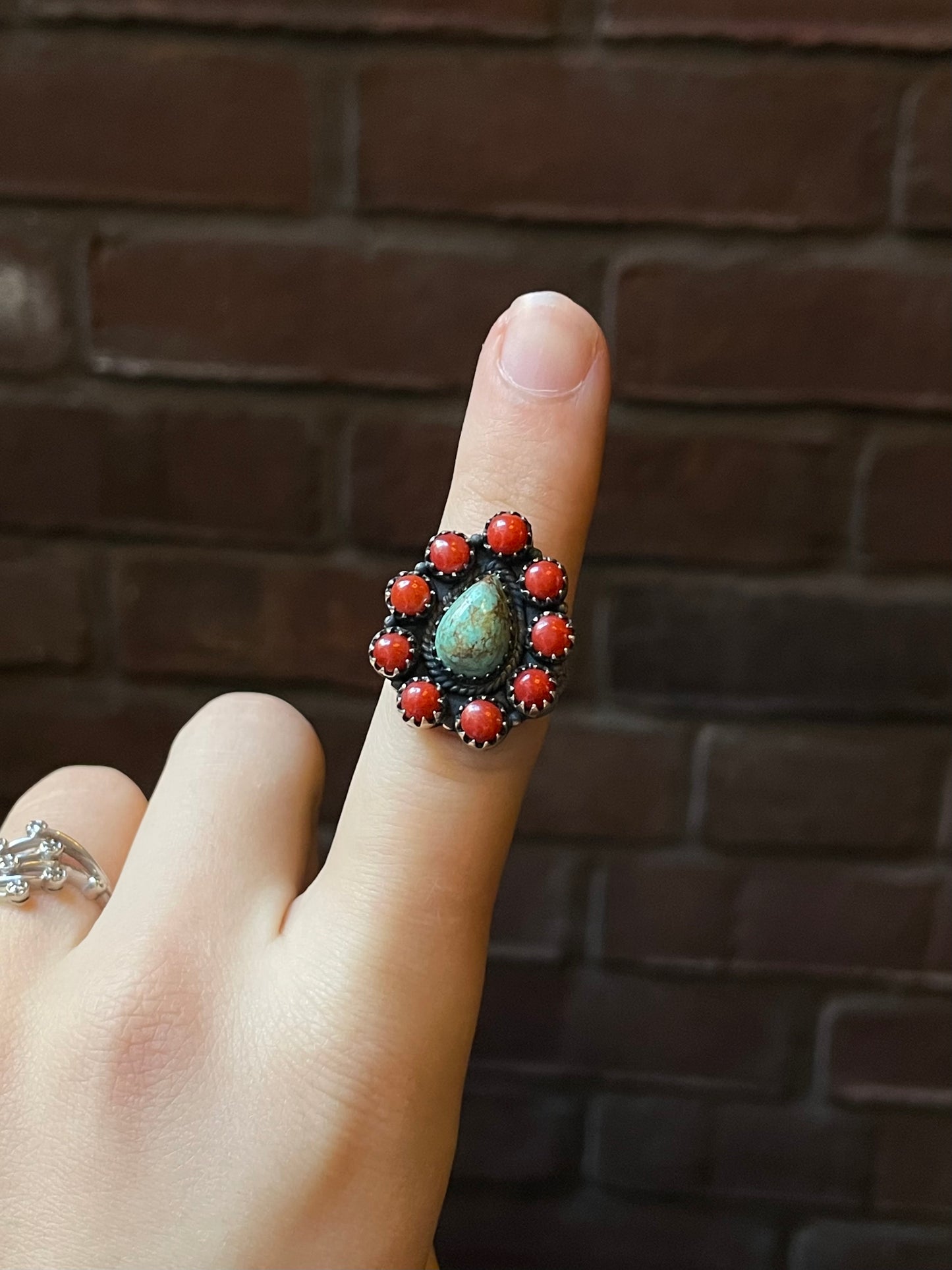 Kingman Turquoise Coral Cluster Ring | Sterling Silver | Size 8 | A162