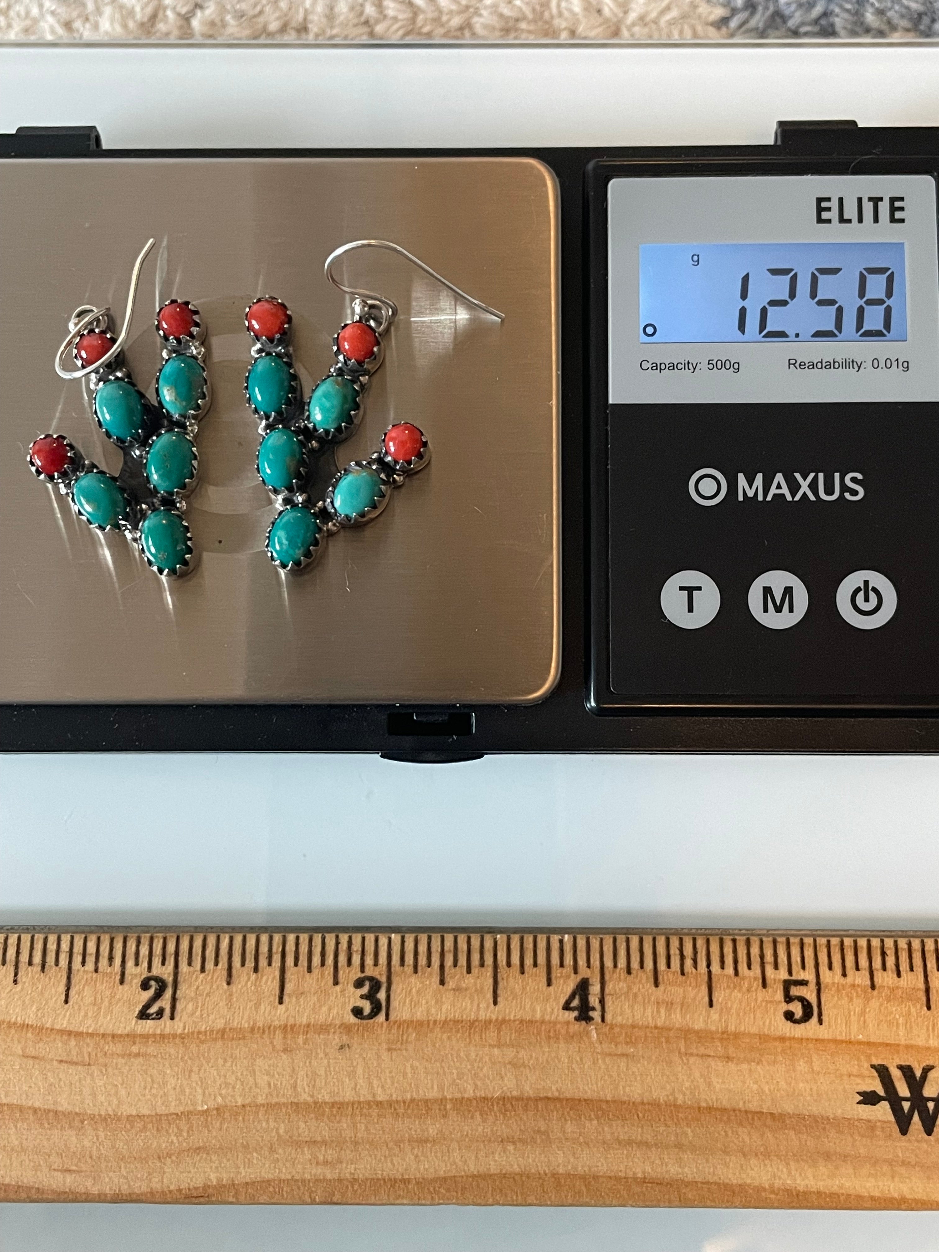 Kingman Turquoise & Italian Coral Prickly Pear Hook Earrings | 925 Sterling Silver G656