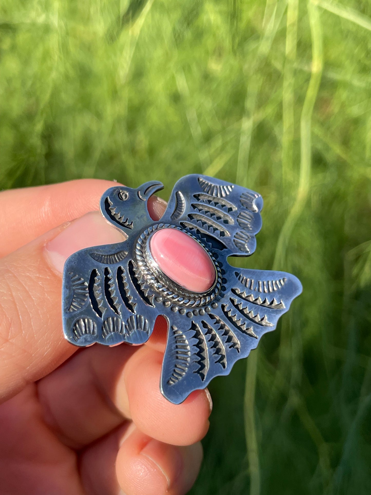 Pink Conch Thunderbird Pendant | Handcrafted Sterling Silver 925 B455