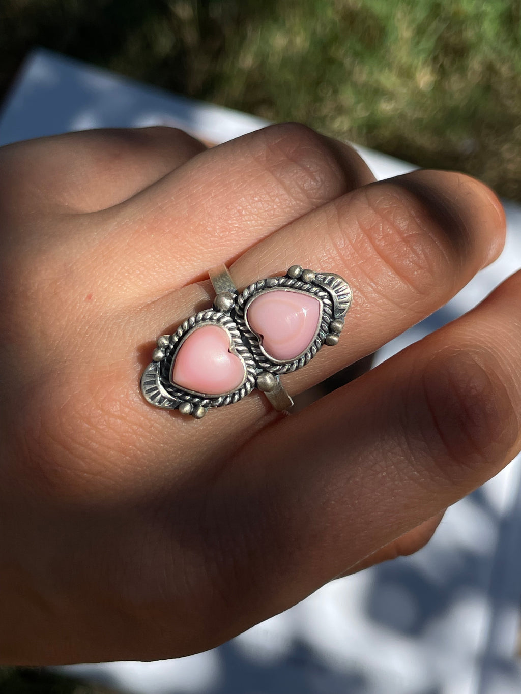Pink Conch Double Heart Ring | 925 Sterling Silver | Size 8 D339