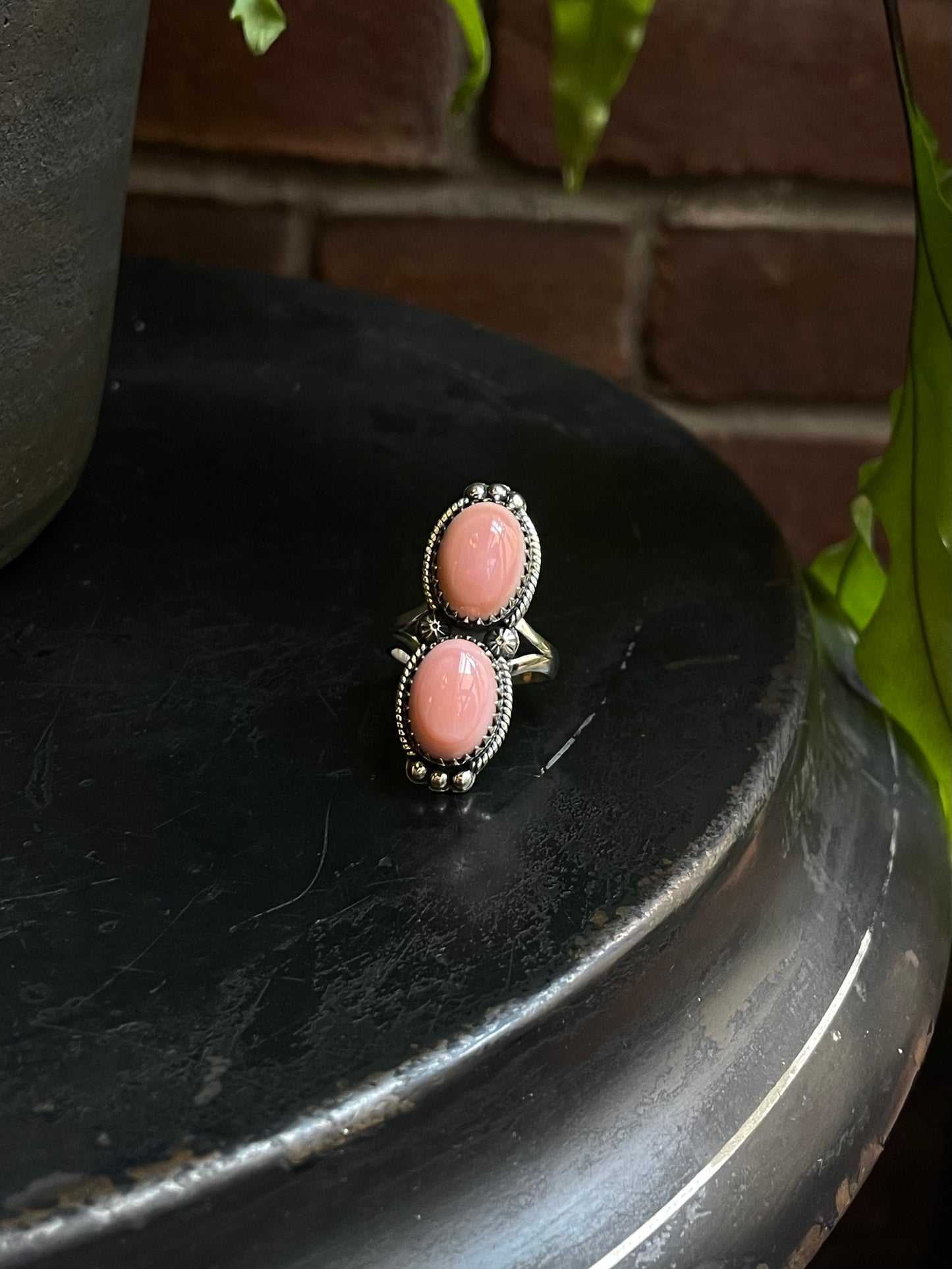 Pink Conch Double Stone Ring | Sterling Silver 925 Size 8.5 C707