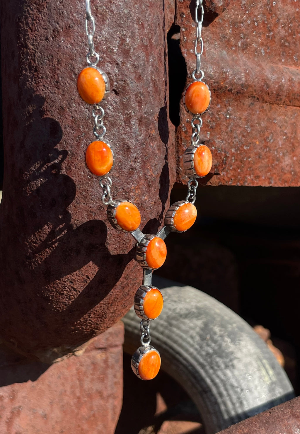 Orange Spiny Oyster Station Necklace | 925 Sterling Silver E597