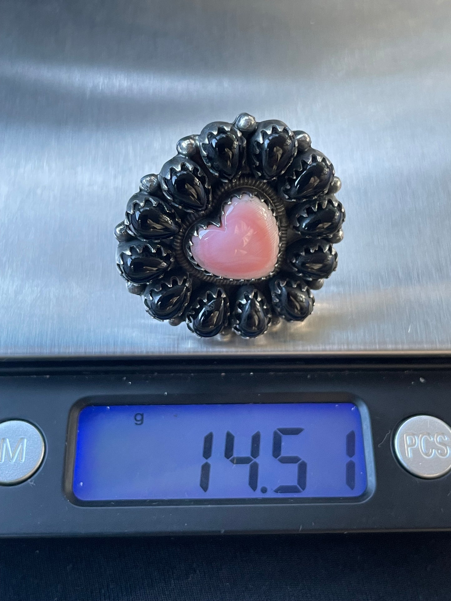 Pink Conch Heart Black Onyx Cluster Ring Size 7 | 925 Sterling Silver B997