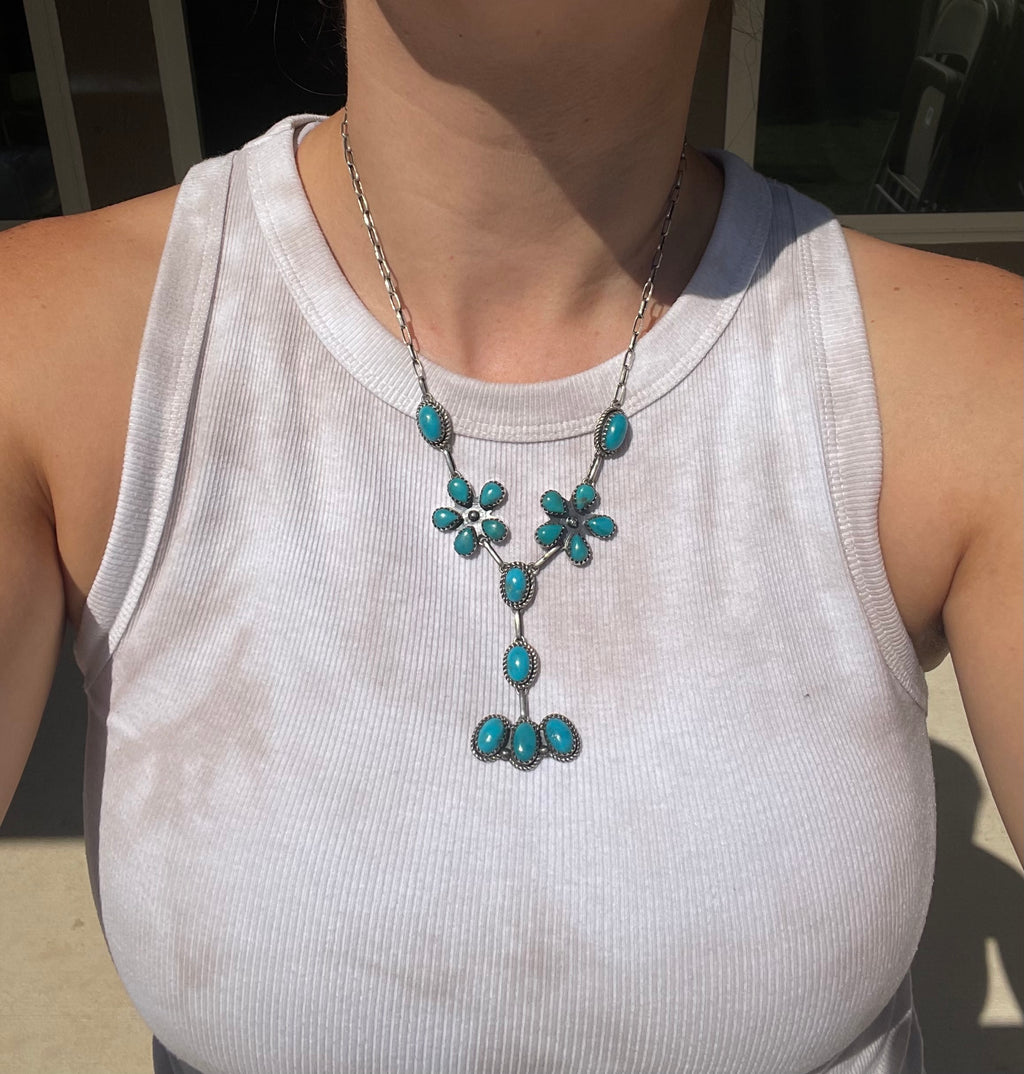 Turquoise Floral Lariat Necklace | 925 Sterling Silver D239