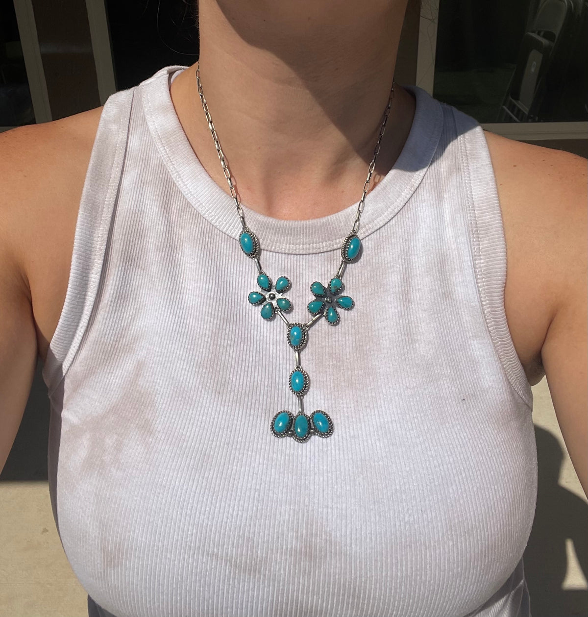 Turquoise Floral Lariat Necklace | 925 Sterling Silver D239