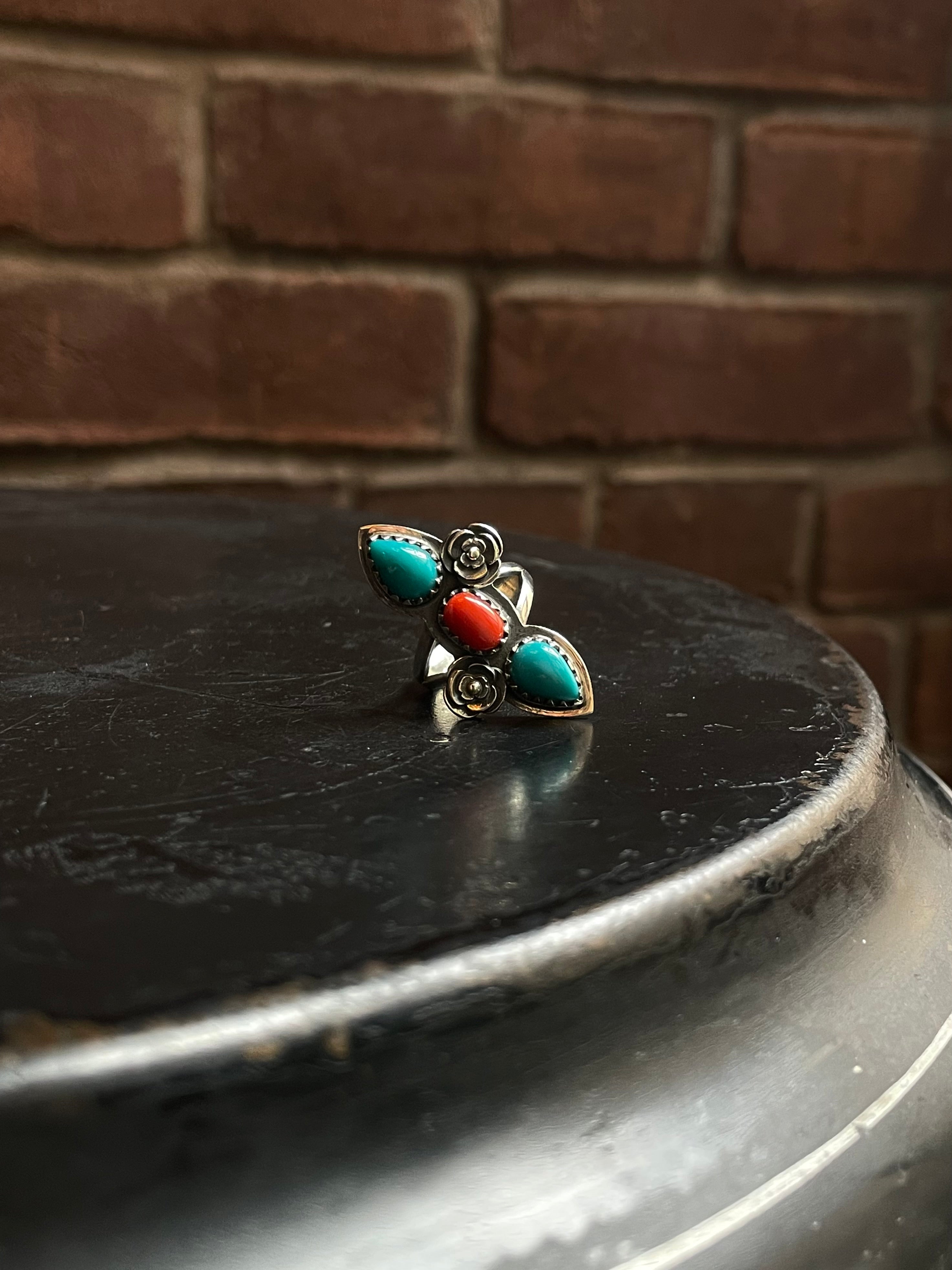 Turquoise & Coral Ring Size 6 | 925 Sterling Silver C956