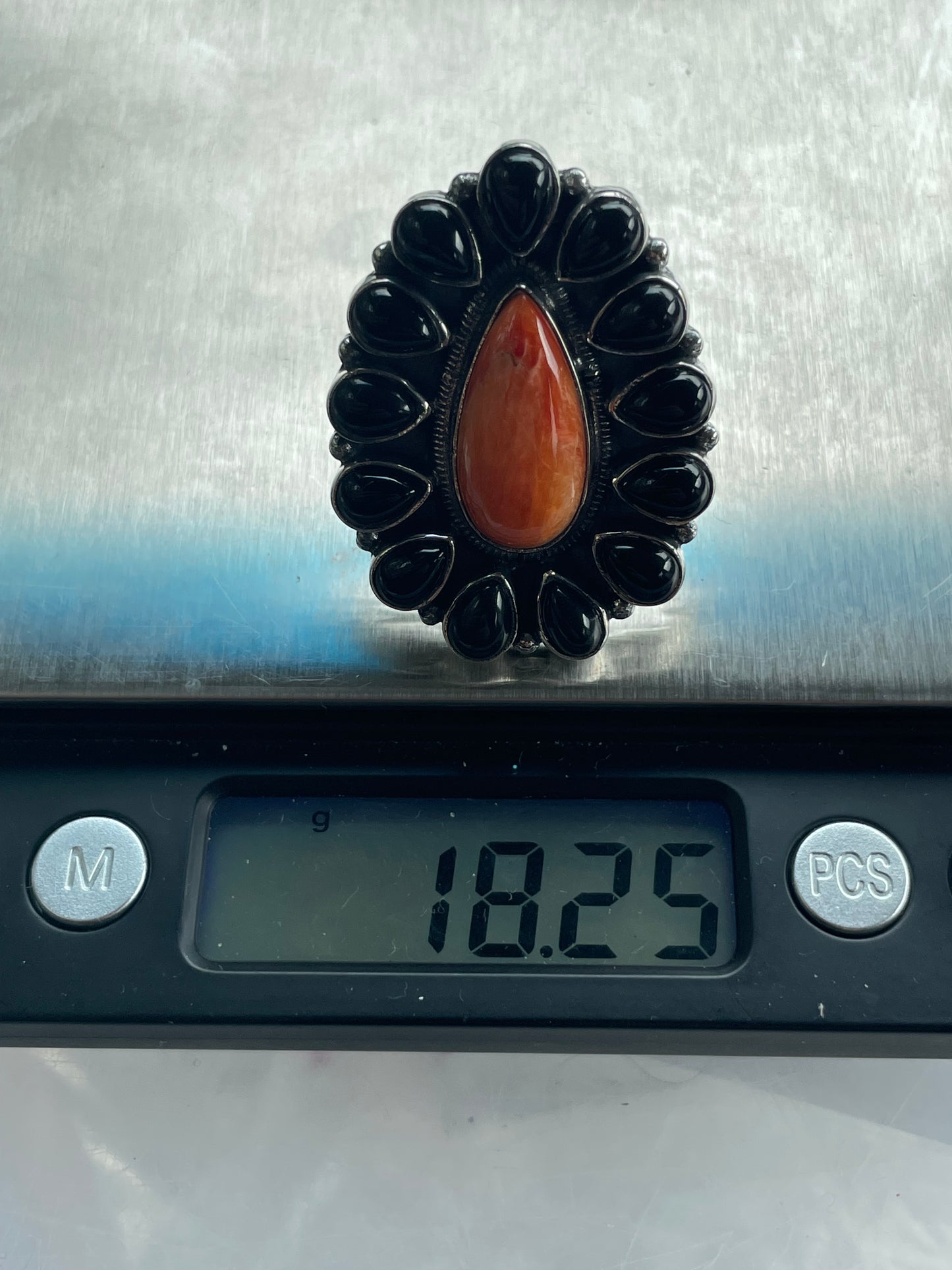 Spiny Oyster Black Onyx Flower Ring Size 7 | 925 Sterling Silver B640