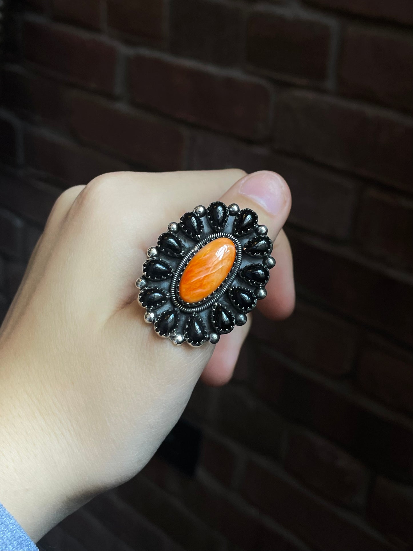 Spiny Oyster & Black Onyx Ring | Sterling Silver 925 | Size 9.25 C702
