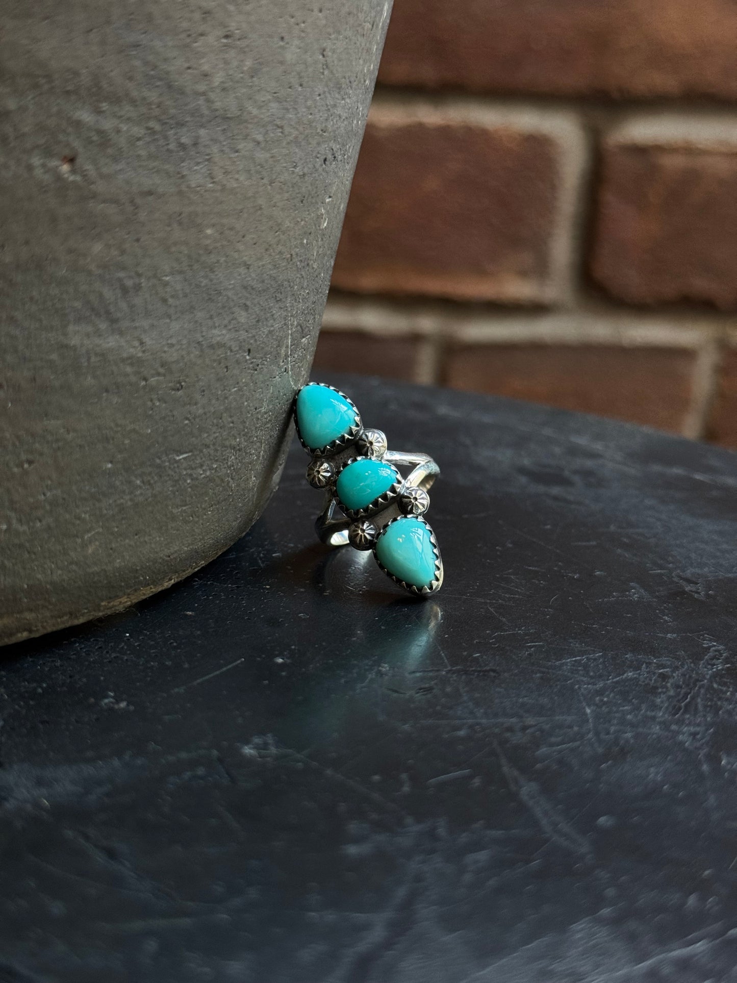 Turquoise Triple Stone Ring | 925 Sterling Silver | Size 7 C345