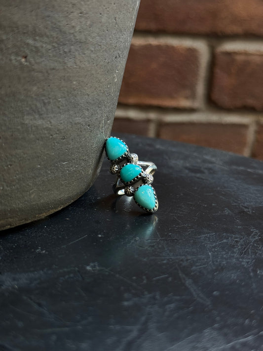 Turquoise Triple Stone Ring | 925 Sterling Silver | Size 7 C345