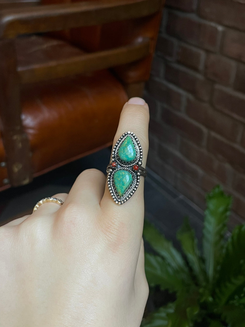 Turquoise & Coral Ring | 925 Sterling Silver Size 9.25 E476
