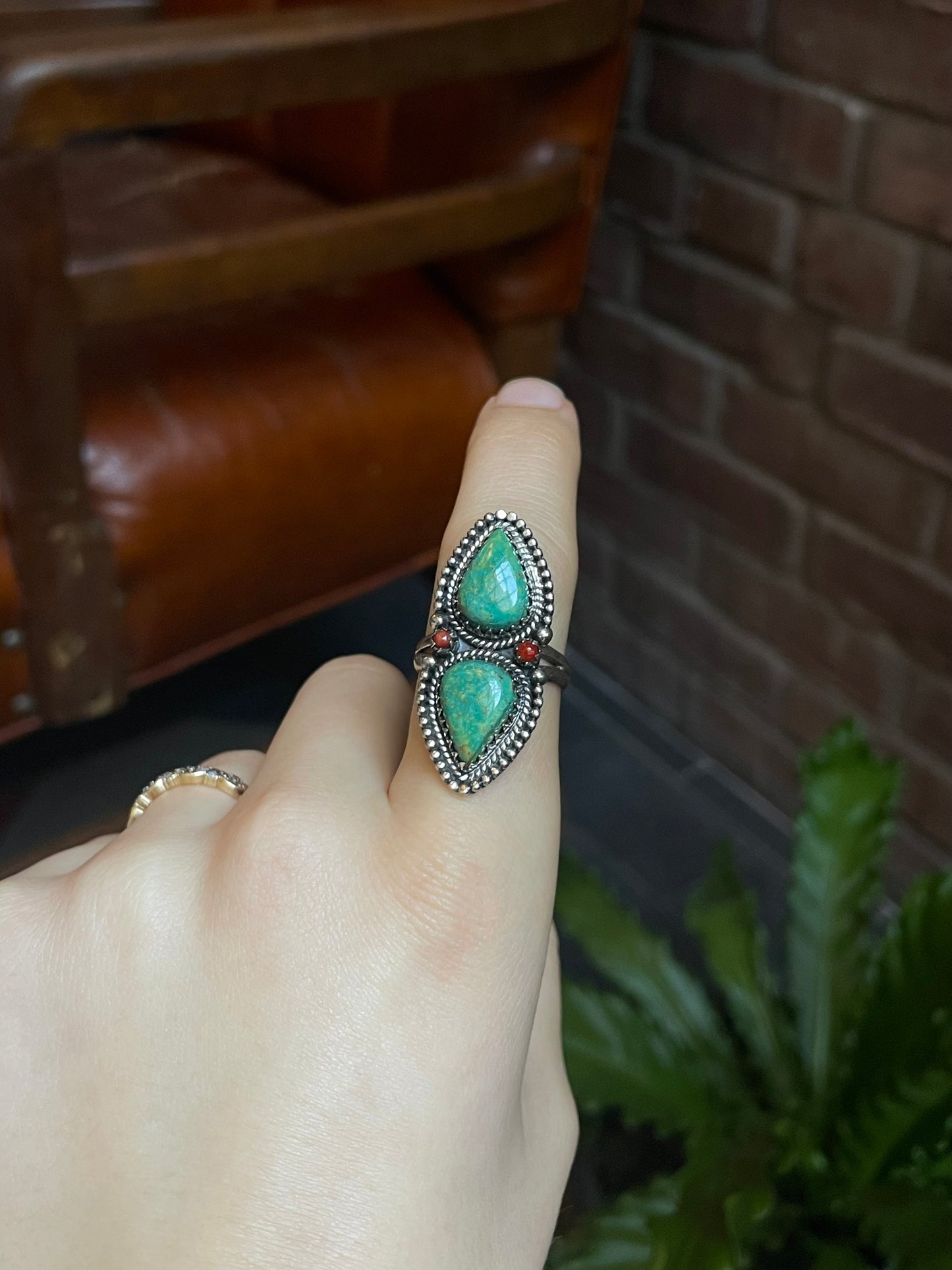 Turquoise & Coral Ring | 925 Sterling Silver Size 9.25 E476