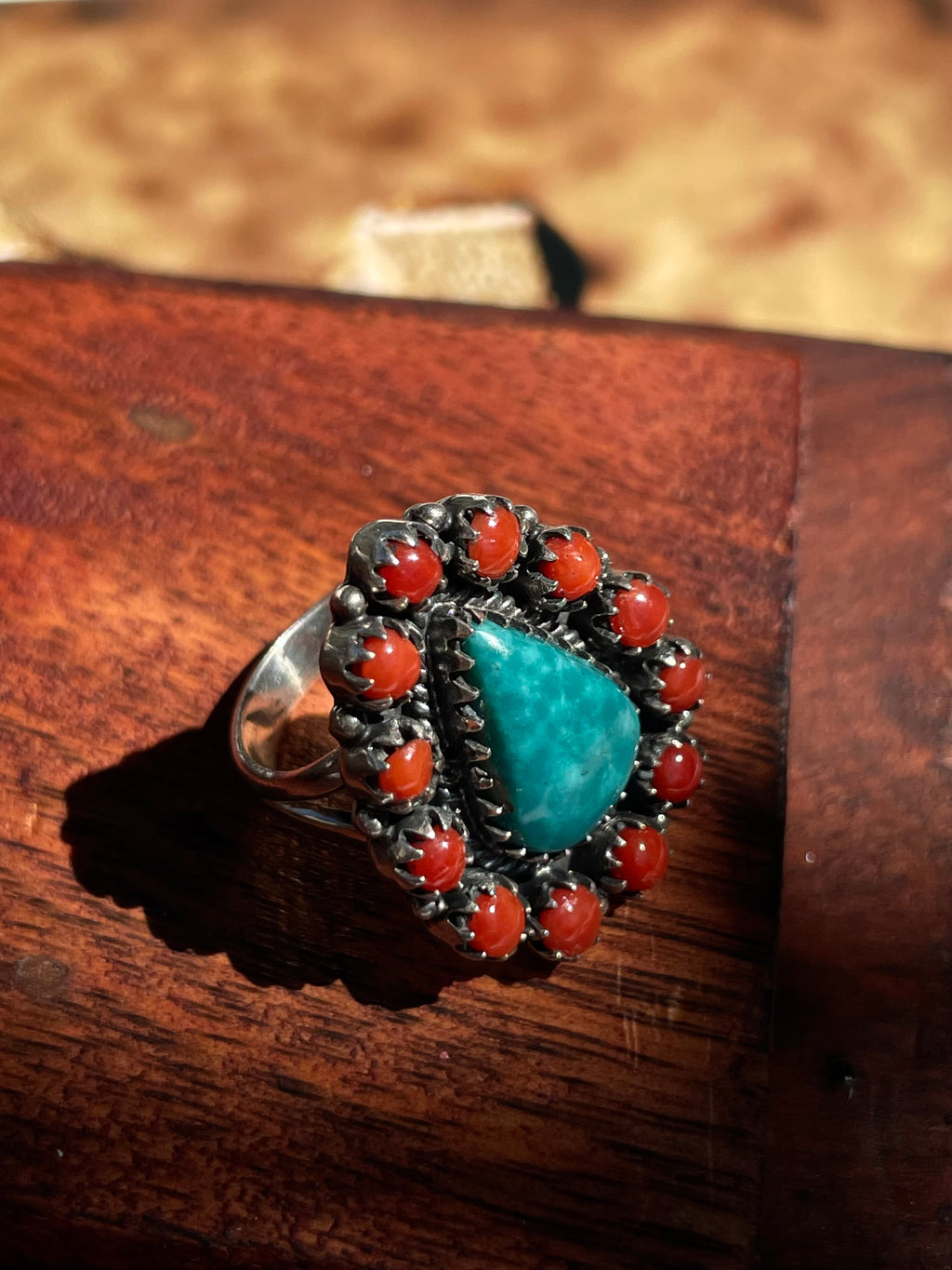 Turquoise & Italian Coral Cluster Ring | 925 Sterling Silver | Size 7.25 D340
