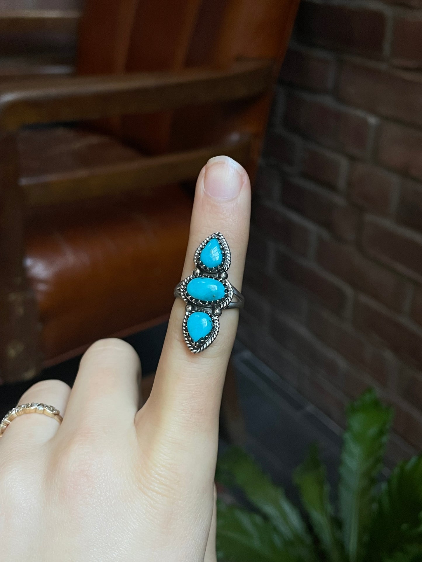 Turquoise Triple Stone Ring | 925 Sterling Silver Size 7 E482