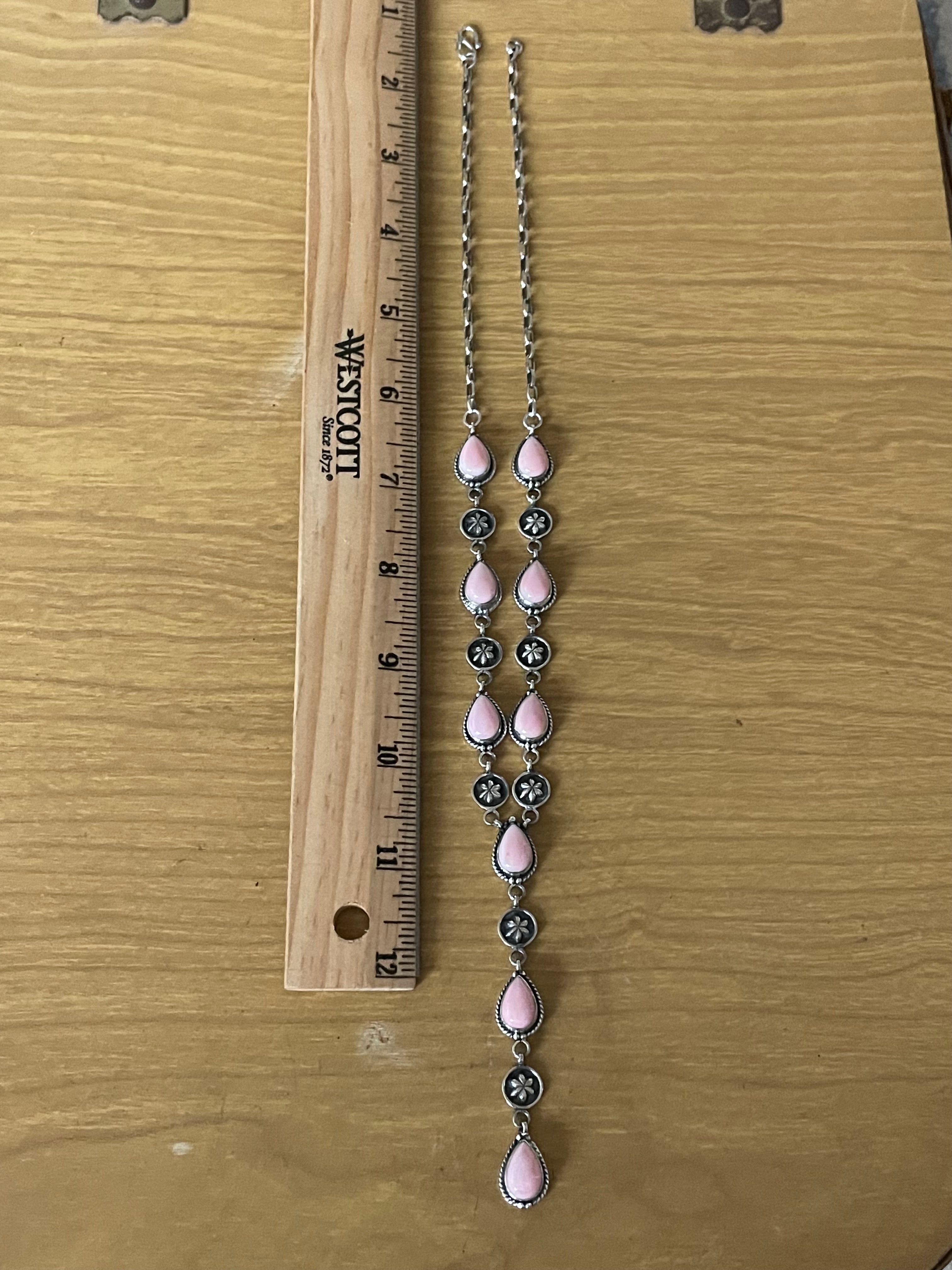 Pink Conch Lariat Necklace | Teardrop Station Drop | 925 Silver E566