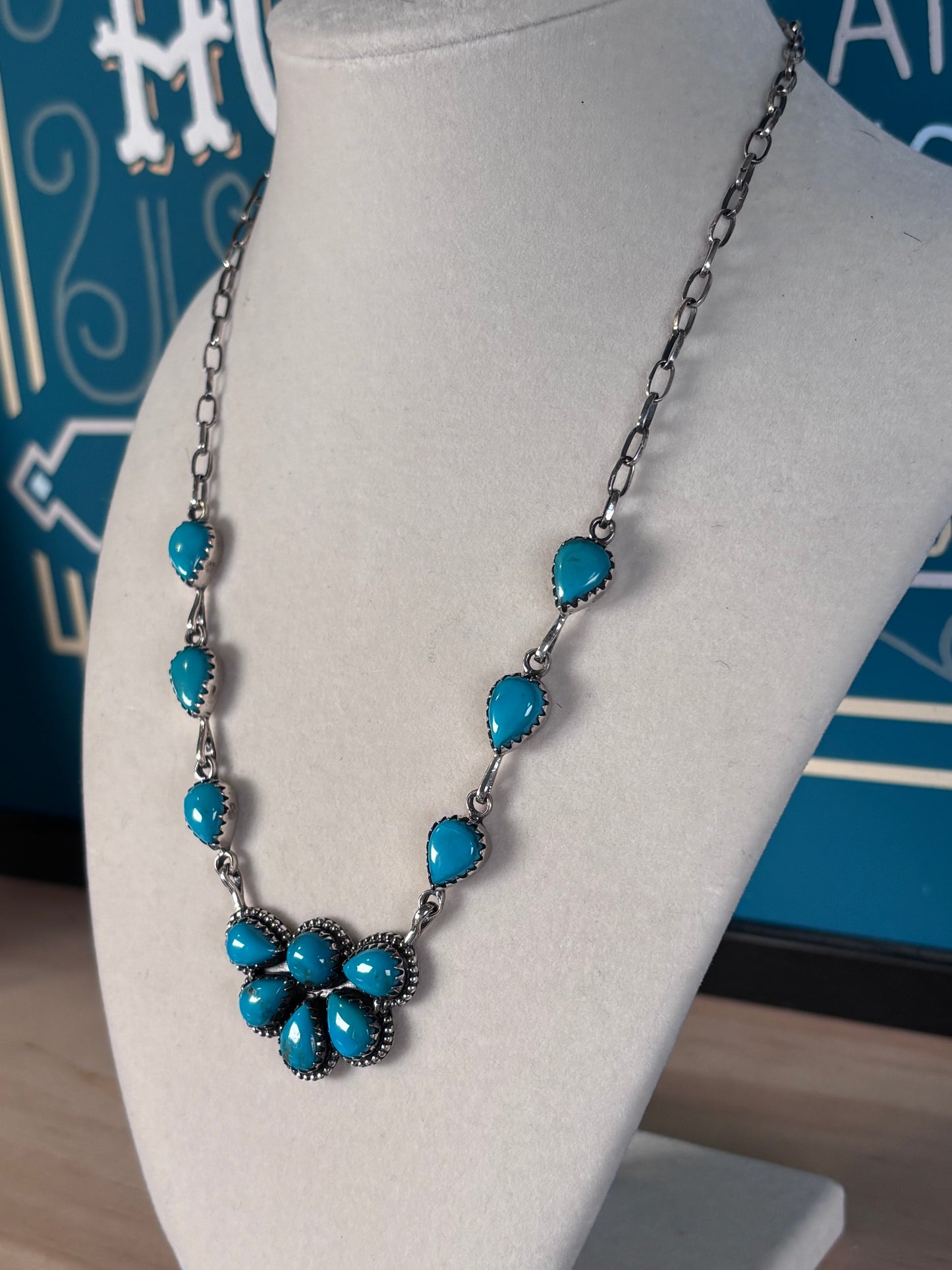 Kingman Turquoise Cluster Necklace | 925 Sterling Silver Southwestern