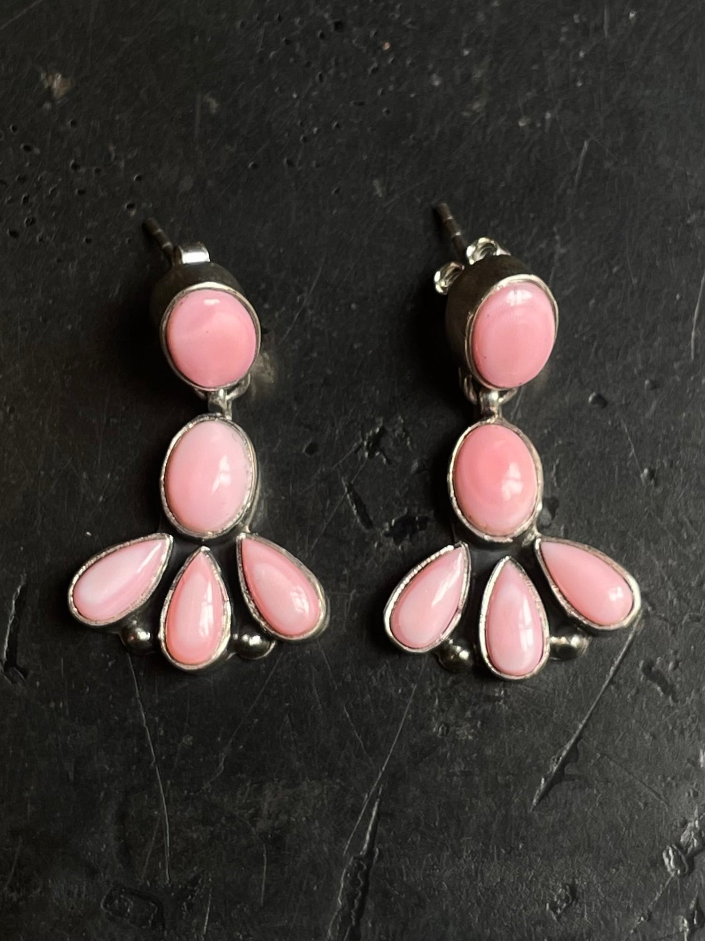 Pink Conch Drop Stud Earrings | Multi Stone Cluster Sterling Silver E673