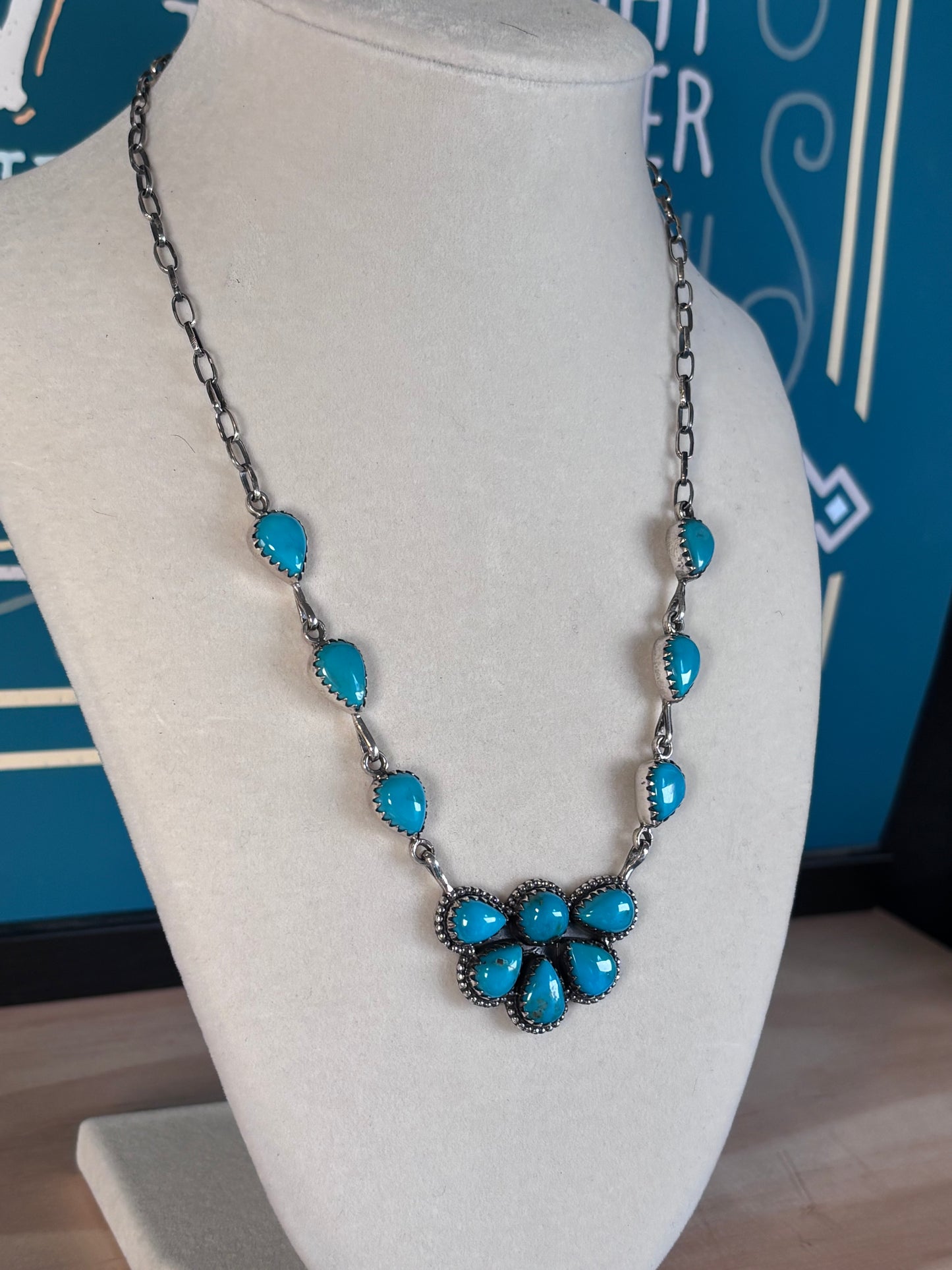Kingman Turquoise Cluster Necklace | 925 Sterling Silver Southwestern