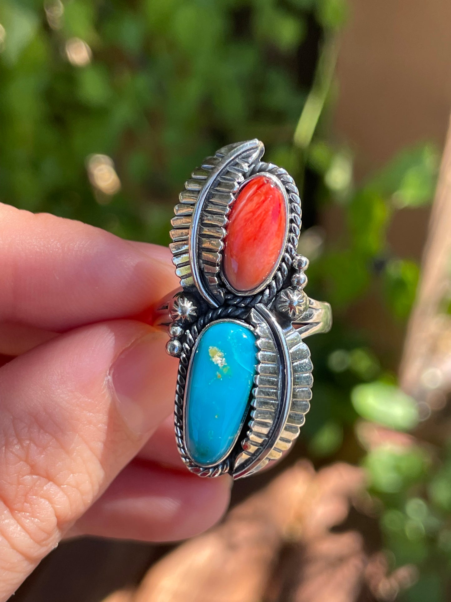 Spiny Oyster & Turquoise Leaf Ring | Size 9 | 925 Sterling Silver Z82