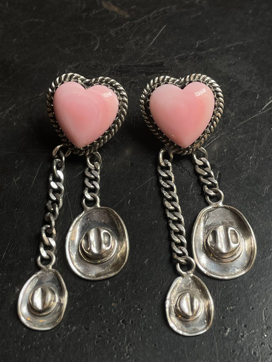 Pink Conch Heart Stud Earrings | Sterling Silver Cowboy Hat Dangle E802