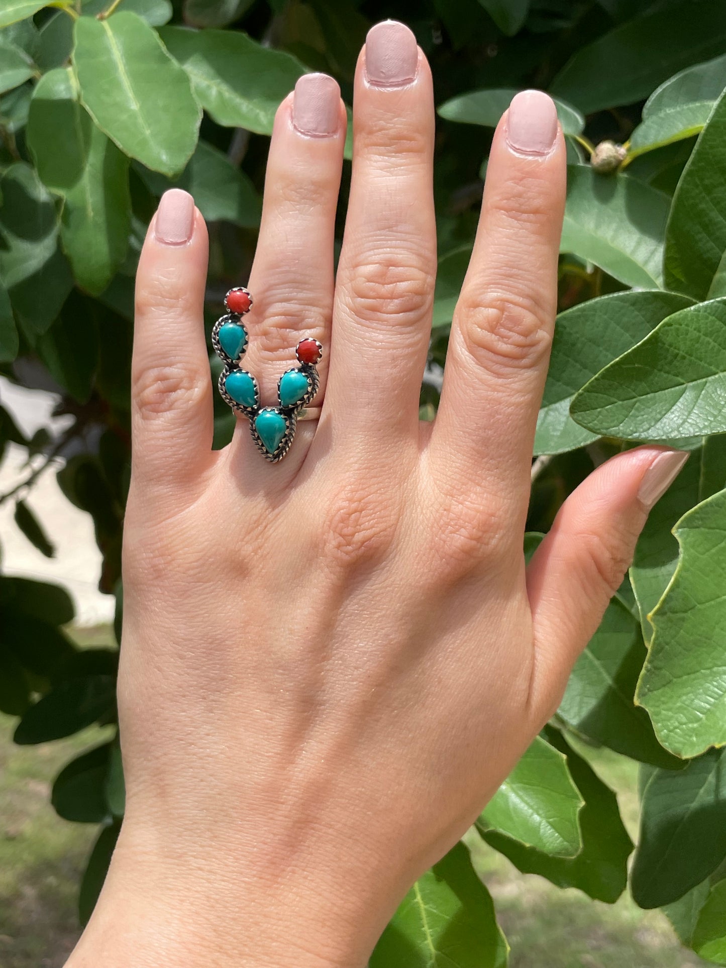 Kingman Turquoise & Coral Cactus Ring Size 6 | 925 Sterling Silver D181