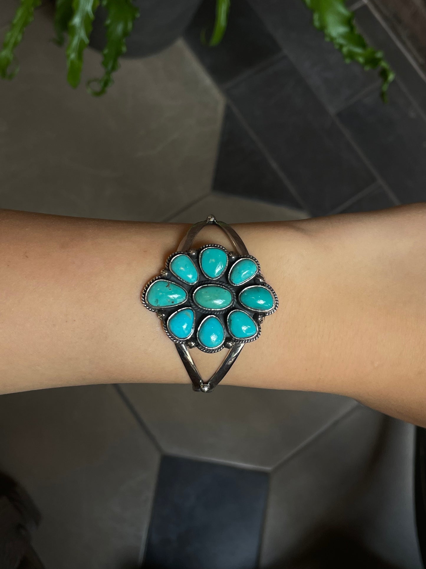 Kingman Turquoise Cuff | Cluster Flower Design | 925 Silver E540