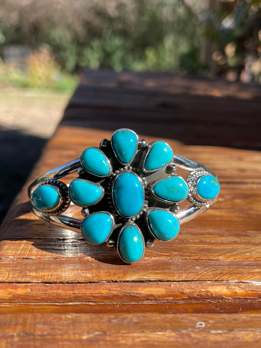 Kingman Turquoise Cluster Flower Cuff | 925 Sterling Silver | B9508 B884