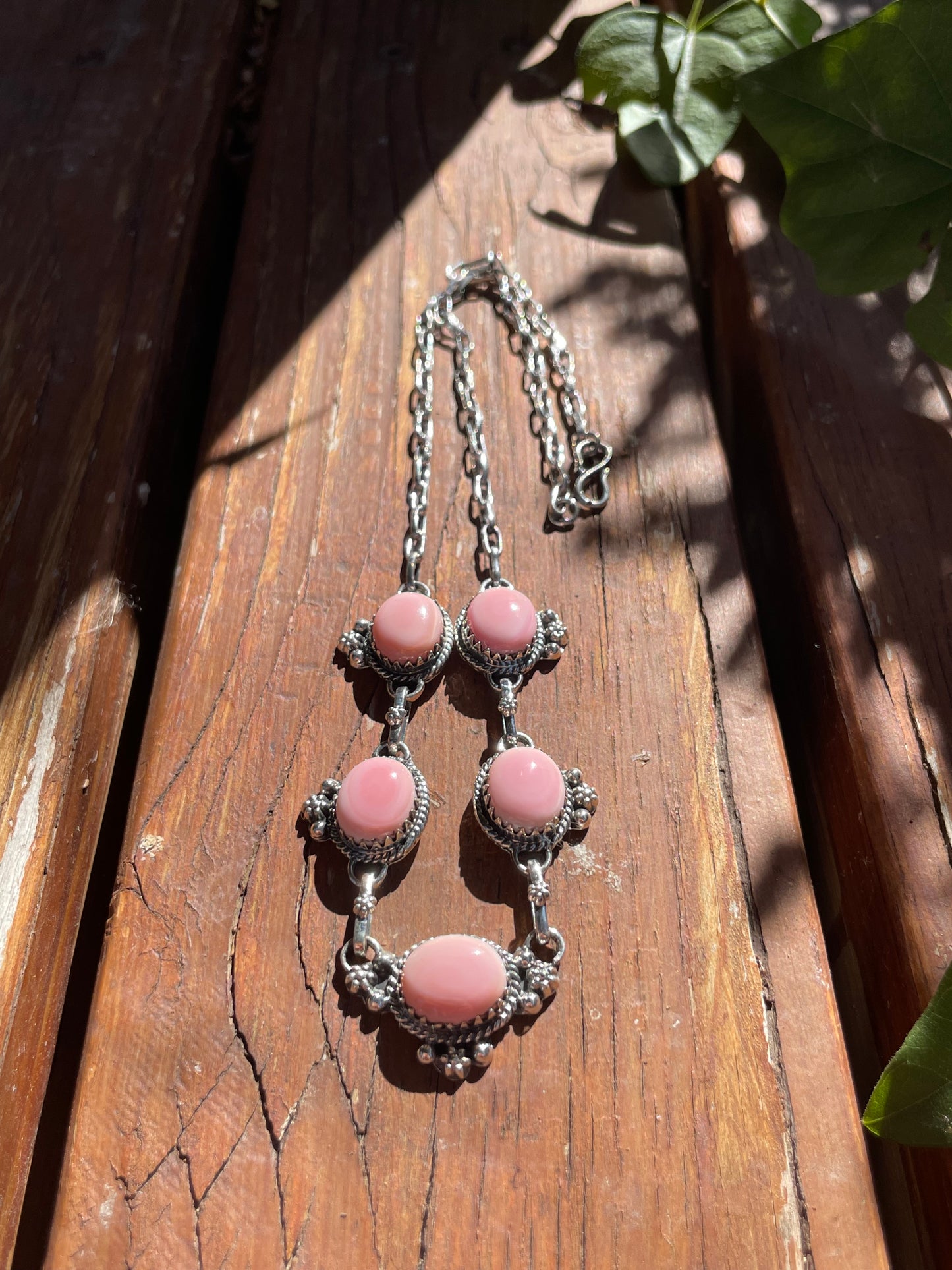 Pink Conch Drop Necklace | Sterling Silver 925 | Long Oval Statement | B867