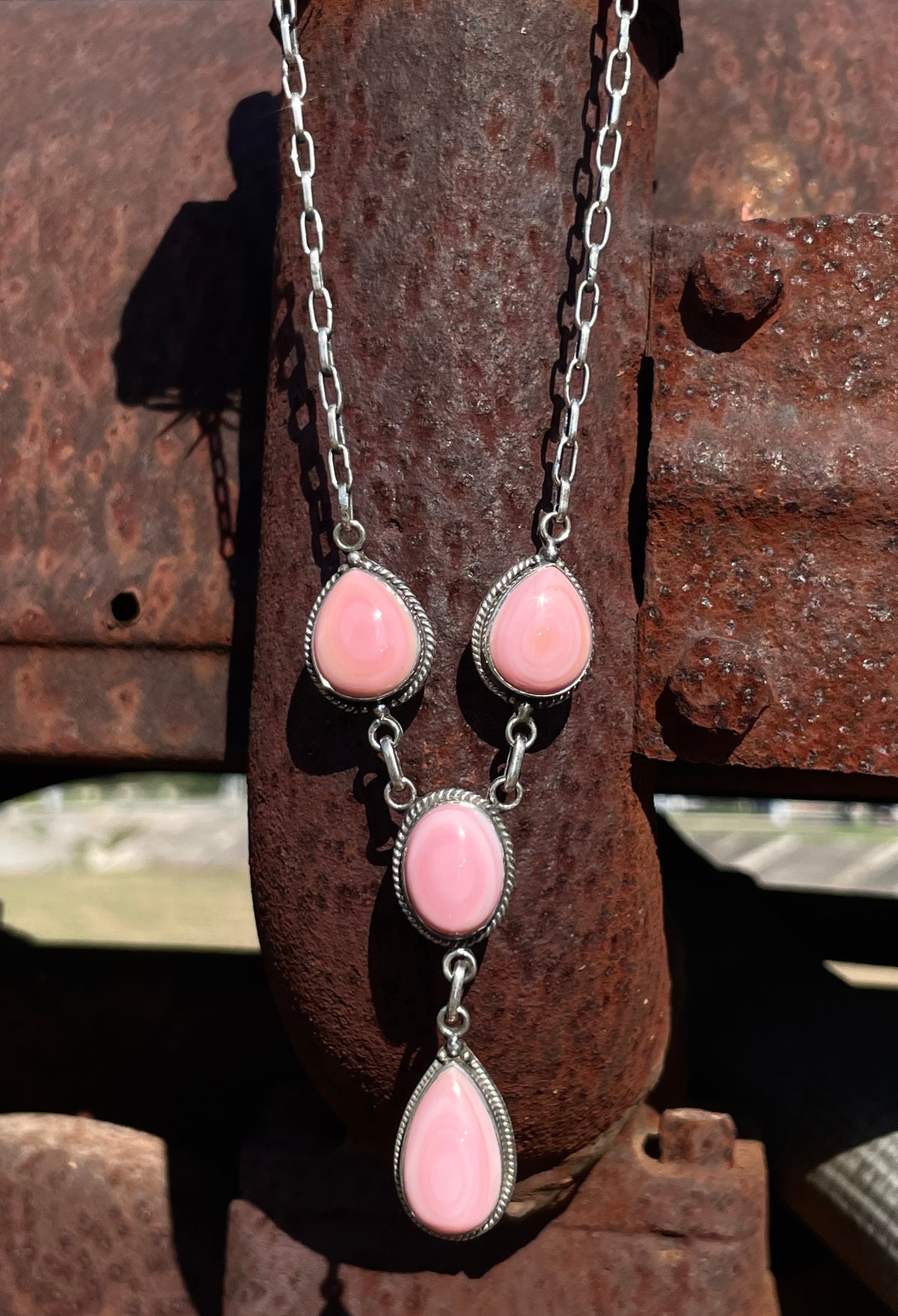 Pink Conch Lariat Necklace | Teardrop Station Drop | 925 Silver E584