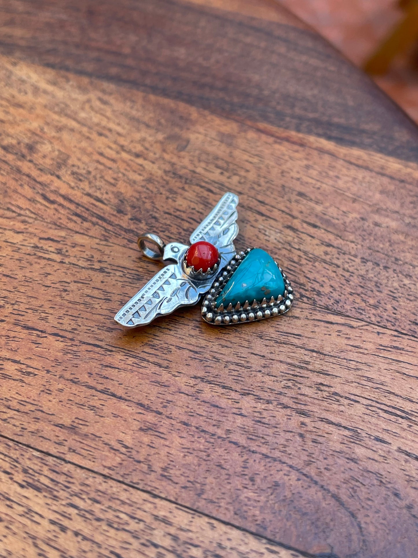 Turquoise & Coral Thunderbird Pendant | 925 Sterling Silver C820