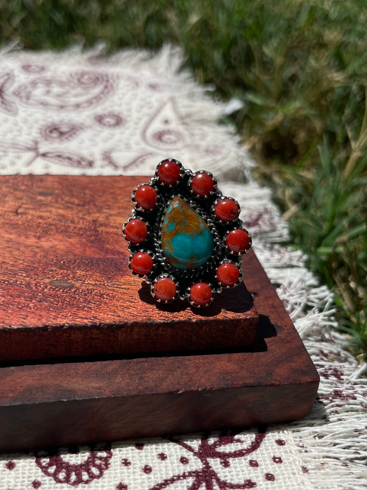 Turquoise & Coral Cluster Ring Size 6.5 | 925 Sterling Silver D306