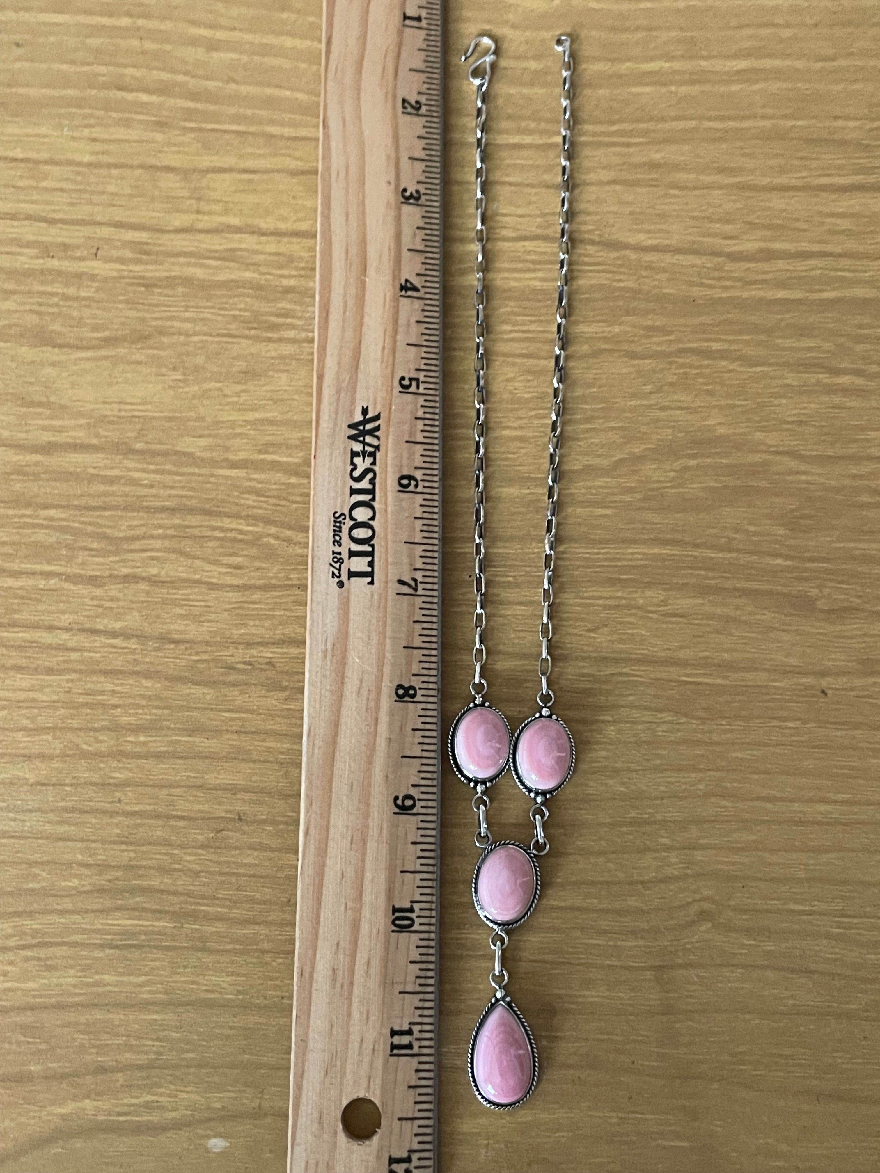 Pink Conch Lariat Necklace | Teardrop Station Drop | 925 Silver E585