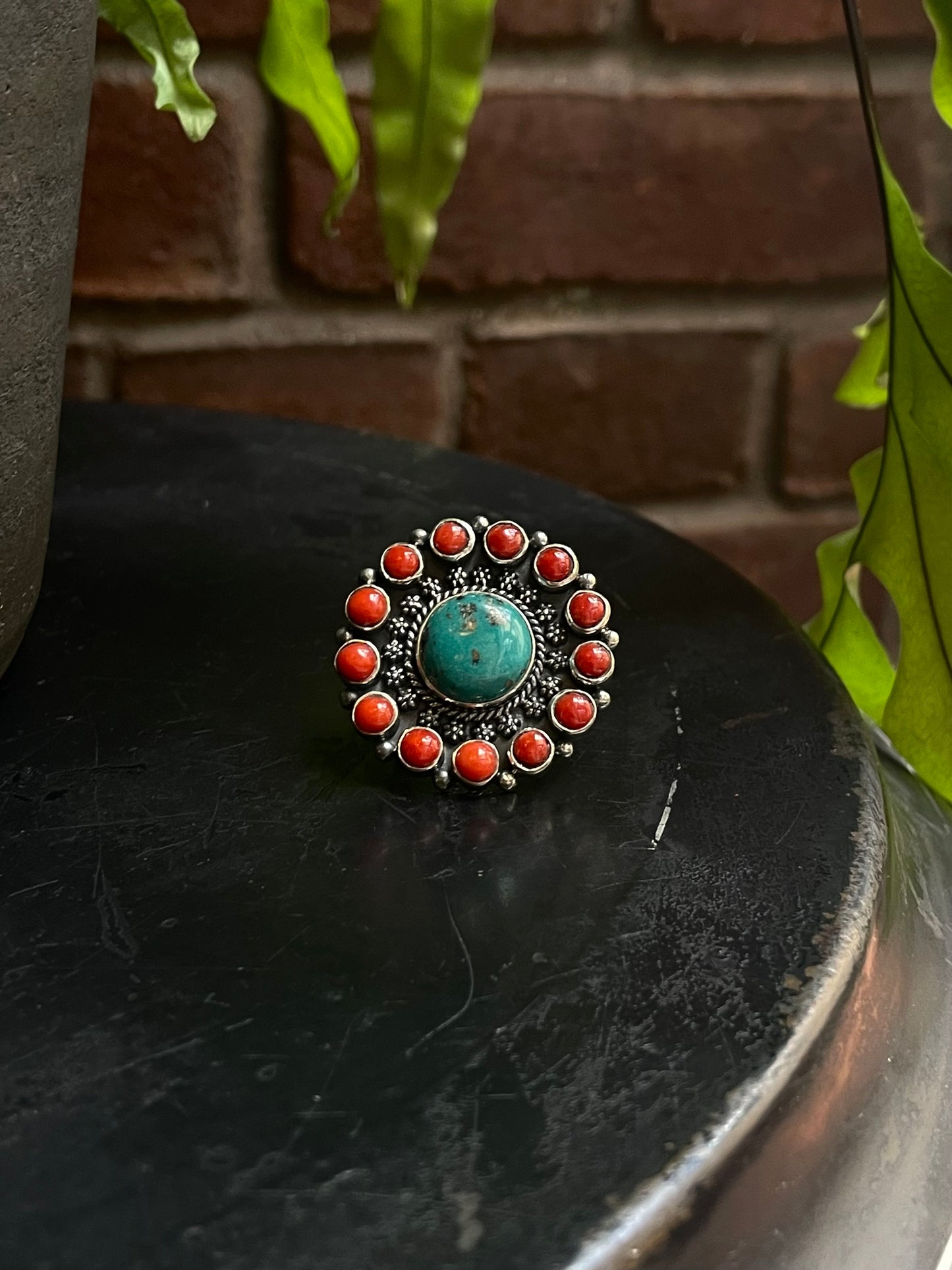 Turquoise & Coral Flower Ring | Sterling Silver 925 Size 6.5 C737