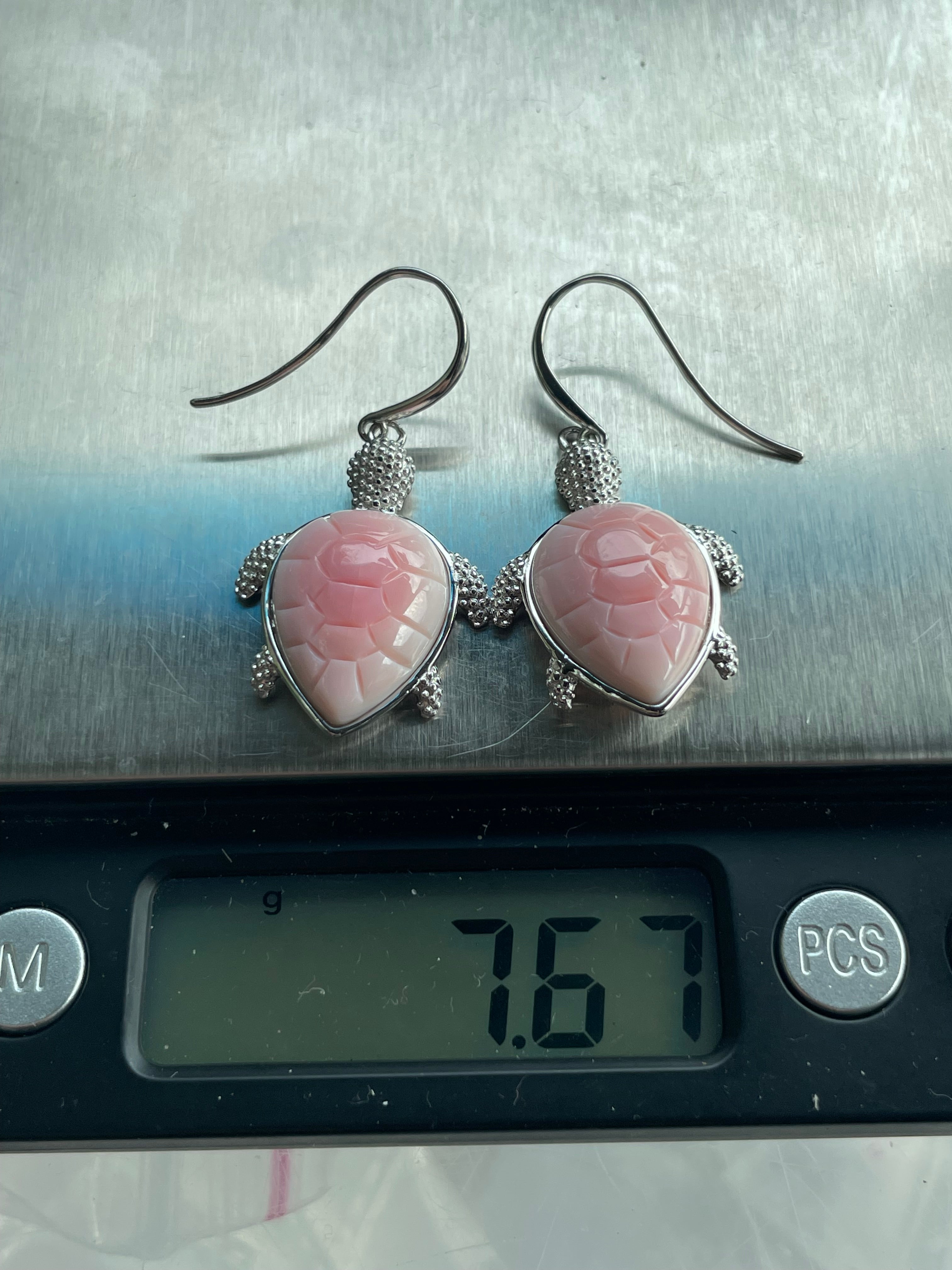 Pink Conch Turtle Dangle Earrings | 925 Sterling Silver B614
