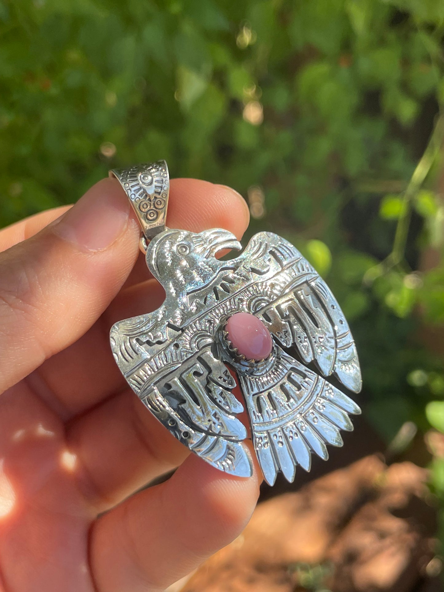 Pink Conch Thunderbird Pendant | 925 Sterling Silver Z54