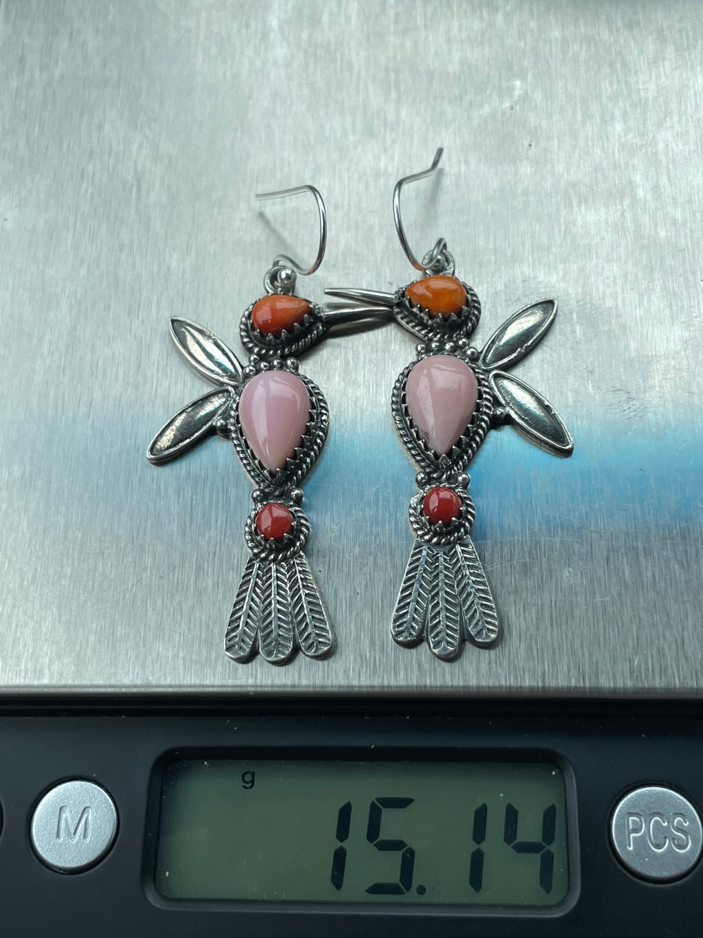 Pink Conch Hummingbird Earrings | Spiny Oyster & Coral | Sterling Silver B962