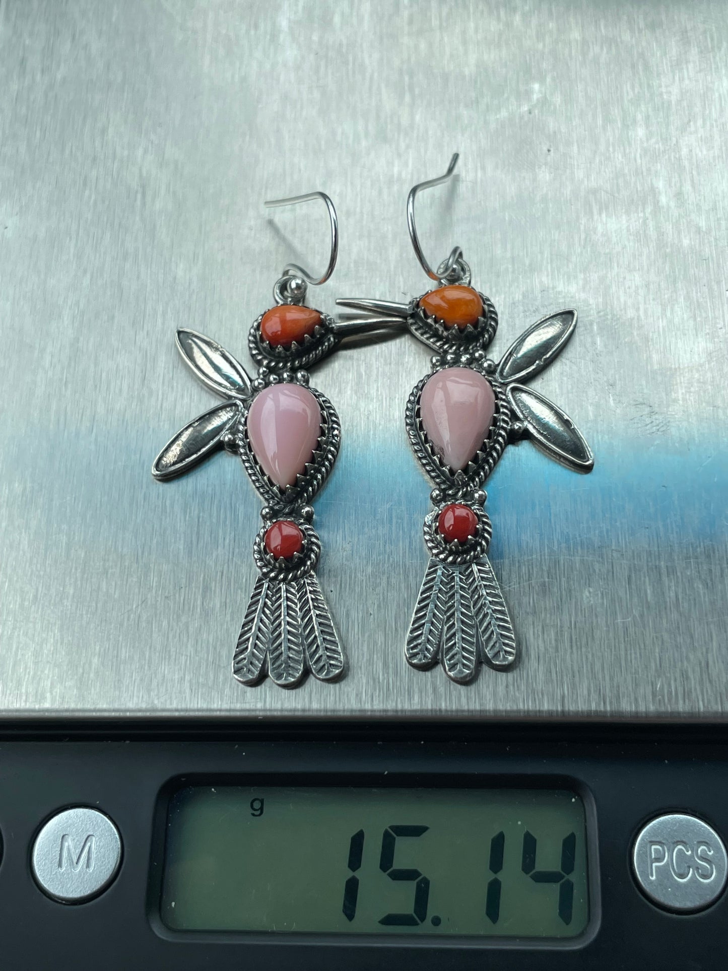 Pink Conch Hummingbird Earrings | Spiny Oyster & Coral | Sterling Silver B962